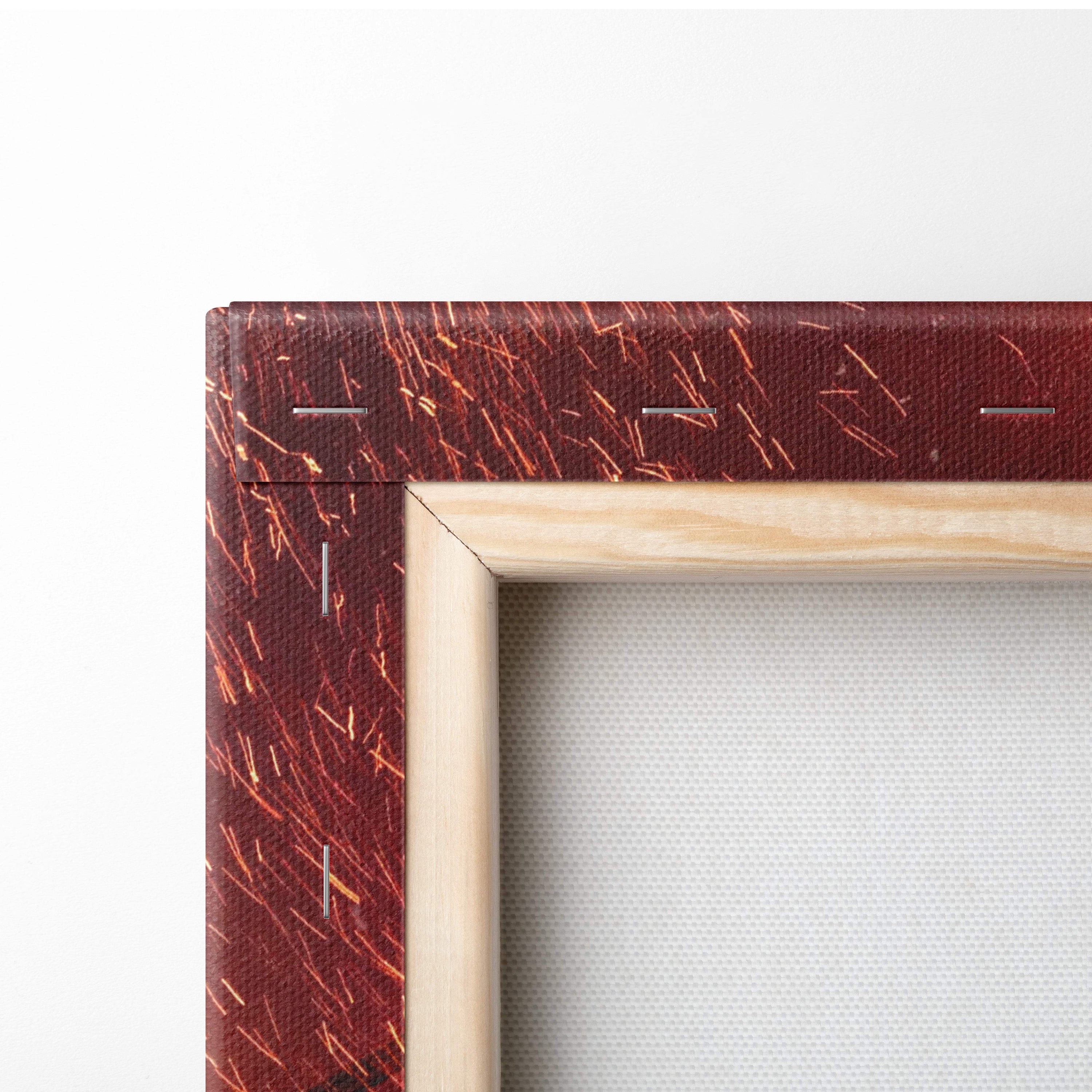 A rustic wooden frame with textured deep red and orange canvas border featuring fiery norse berserker battle art
