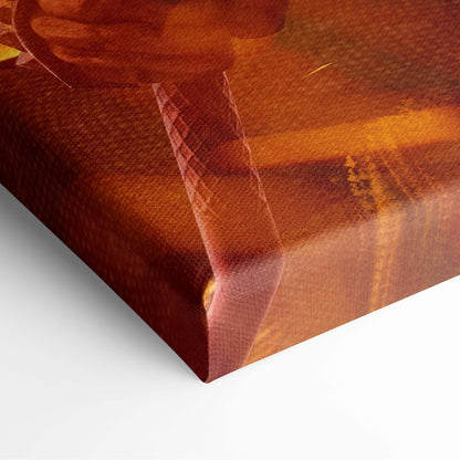 Canvas print of fiery norse berserker with axe and shield in warm rust and amber tones on textured abstract background