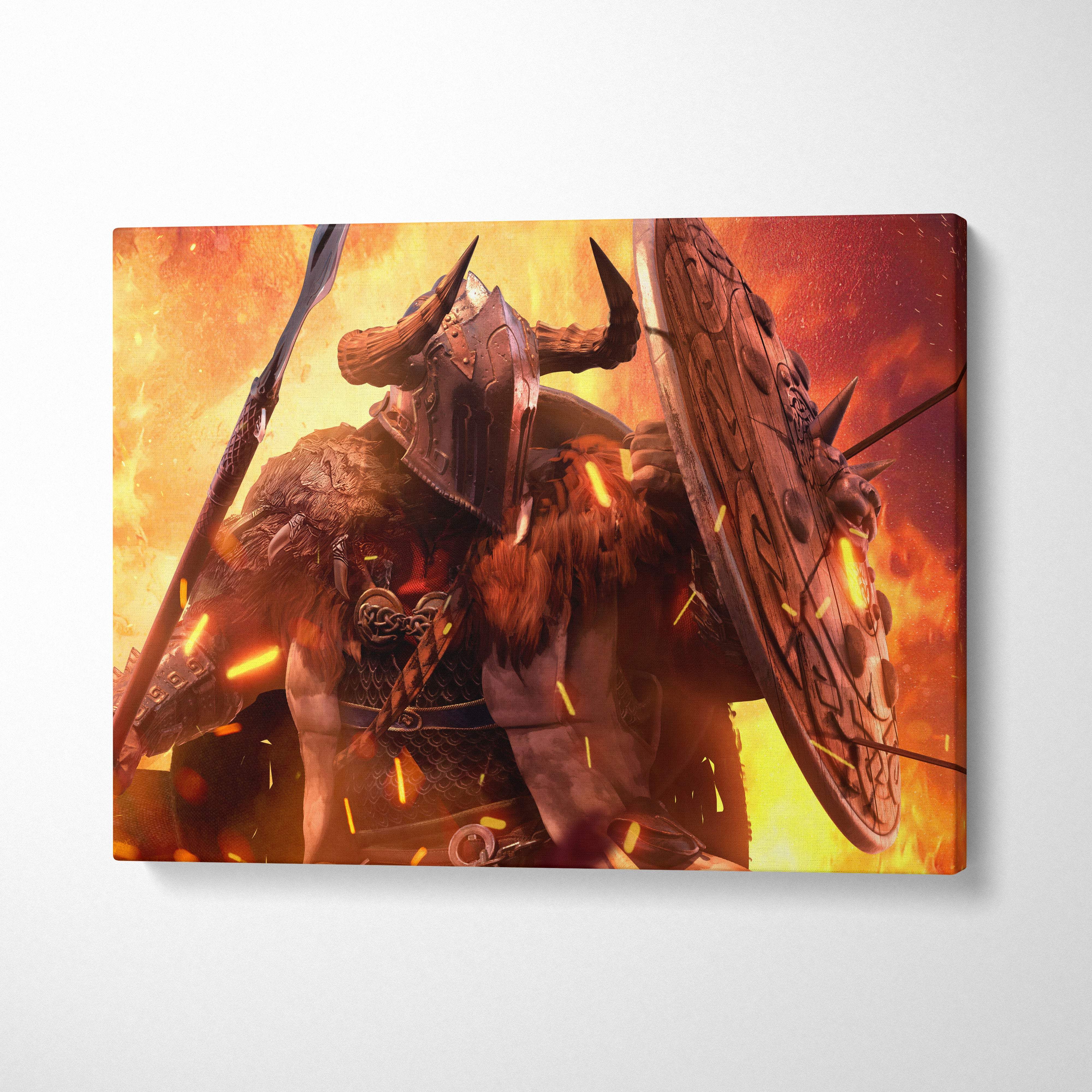 Viking warrior battle canvas art showing a fierce horned dark armor warrior with spear and shield on fiery orange background