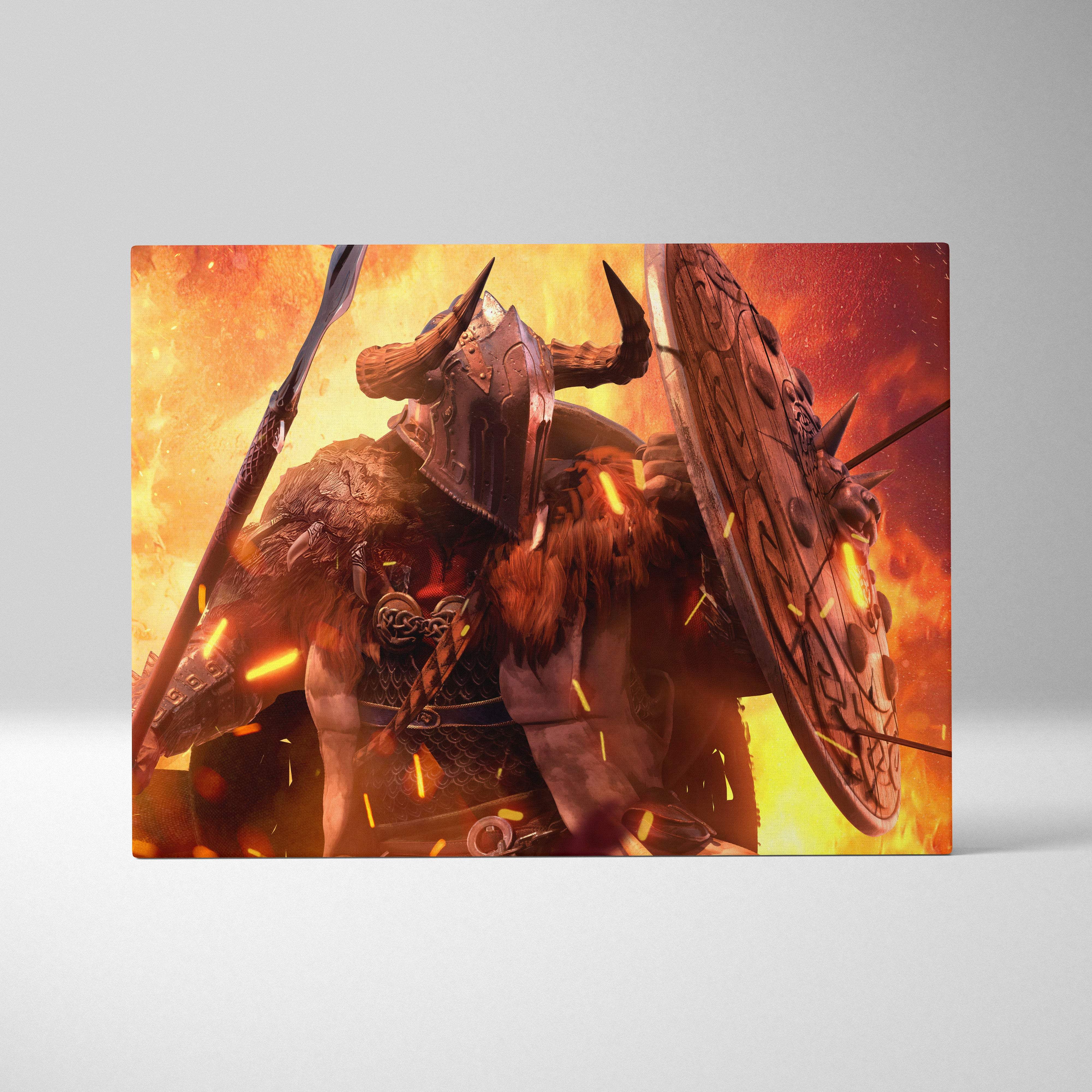 A rectangular canvas print of a fierce viking warrior in dark armor with axe and shield on a fiery orange background