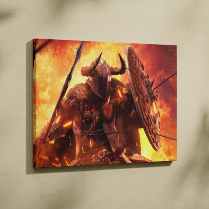 Vibrant orange and red canvas print of a horned viking warrior with spear and shield against a fiery background