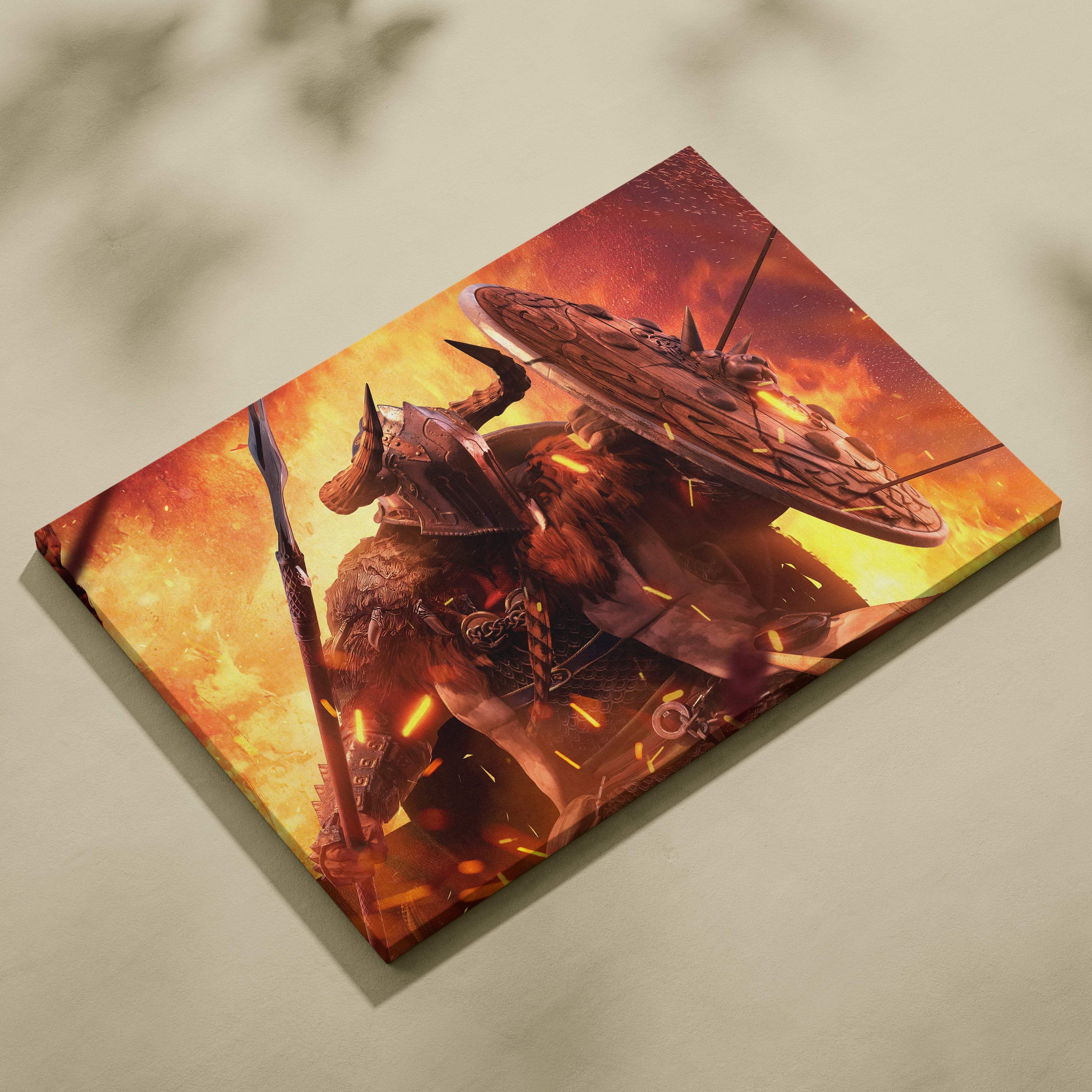 Rectangular canvas print of a fiery norse berserker warrior with axe and shield against an orange and red background