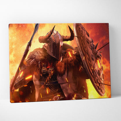 A fiery norse berserker canvas art featuring a horned warrior in dark armor with spear and shield on an orange flame background