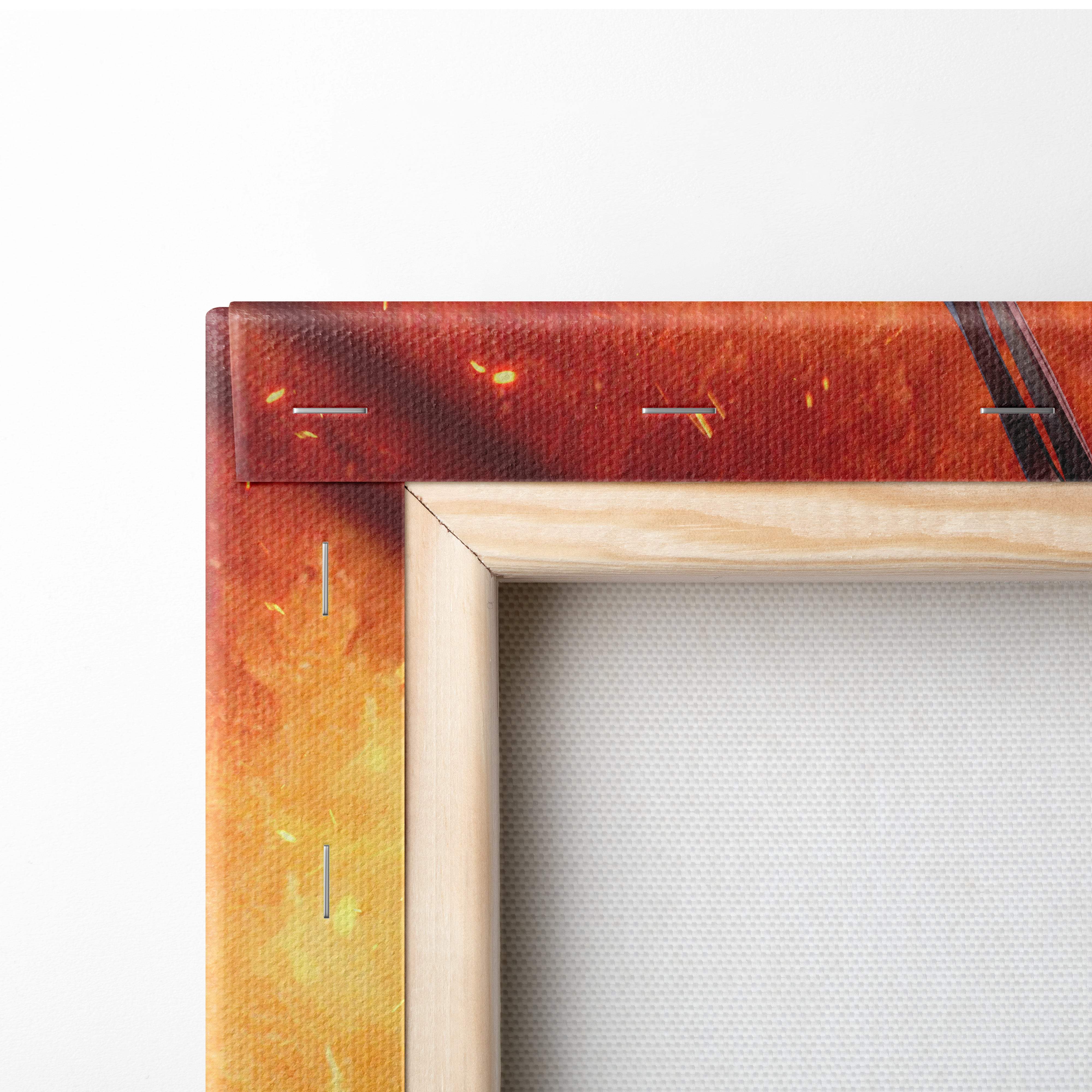 A wooden-framed canvas print with fiery orange and red gradient and metallic accents from viking berserker warrior art