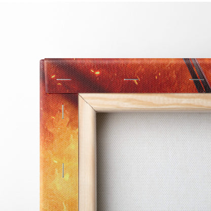 A wooden-framed canvas print with fiery orange and red gradient and metallic accents from viking berserker warrior art