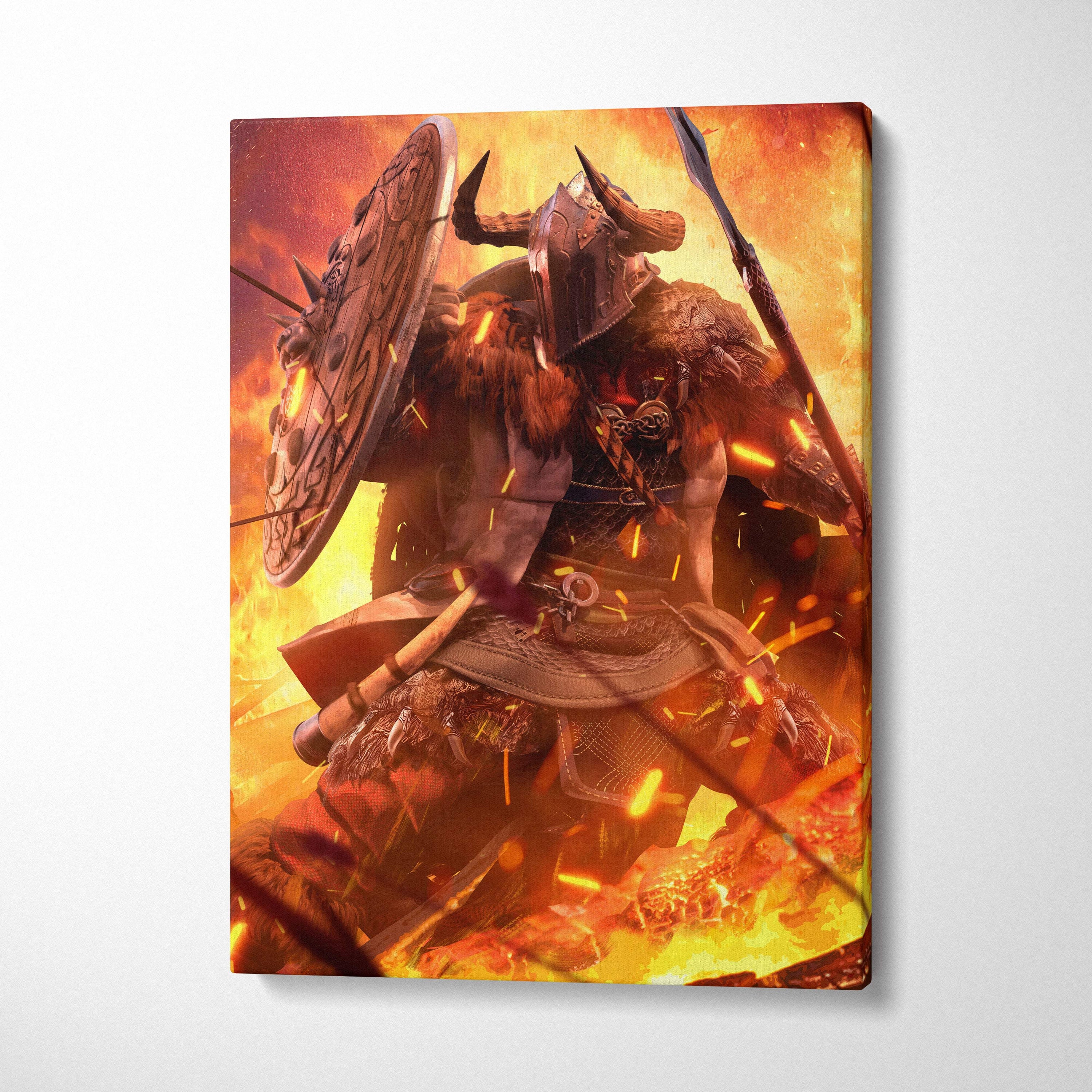 A canvas print of a fierce horned viking berserker warrior in dark armor amid fiery orange and red flames