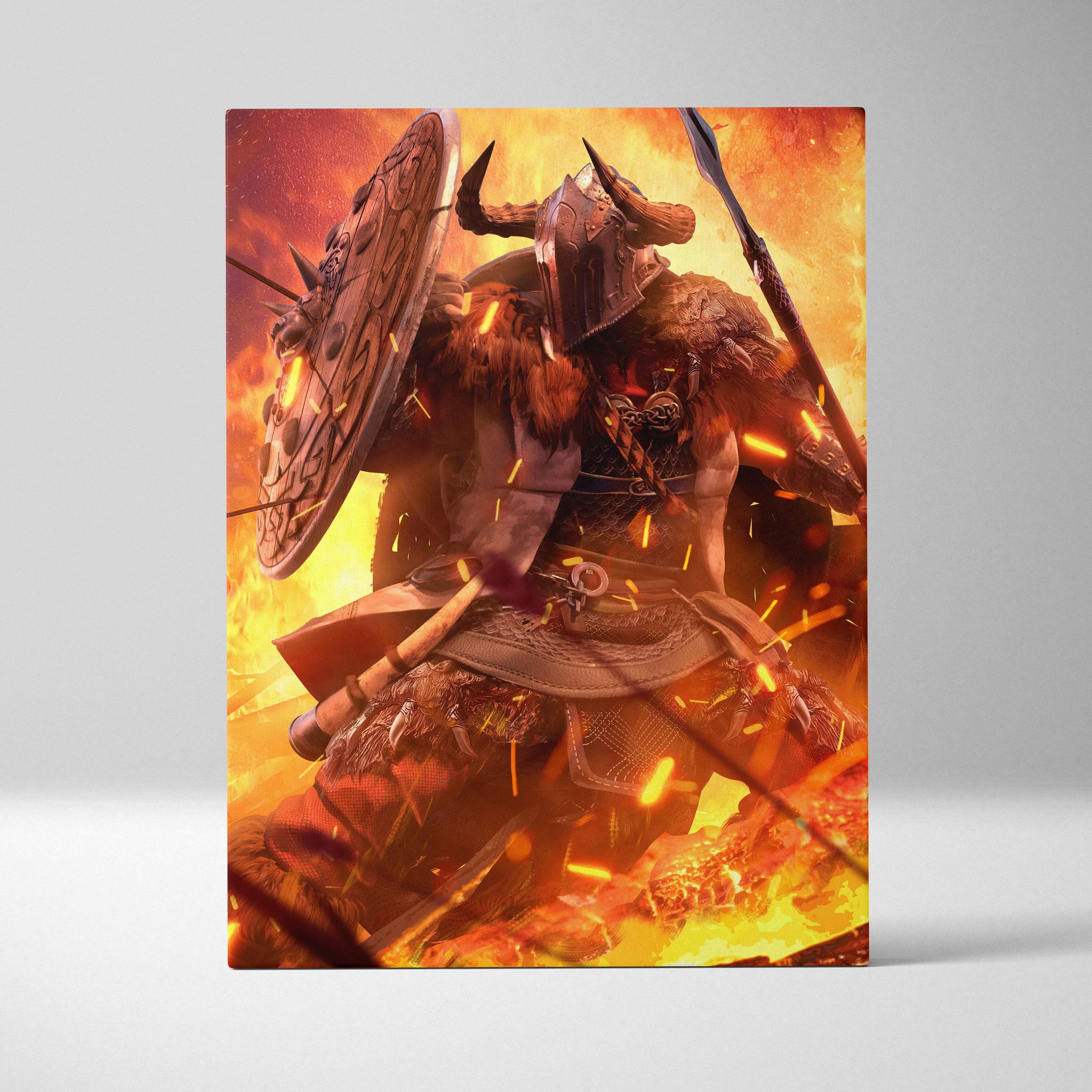Viking berserker warrior canvas wall art featuring detailed armored figure with horned helmet and fiery orange background