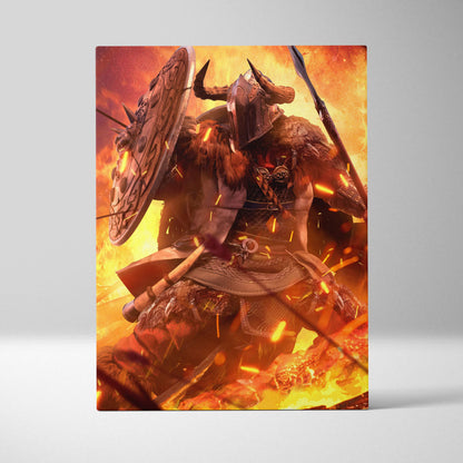 Viking berserker warrior canvas wall art featuring detailed armored figure with horned helmet and fiery orange background