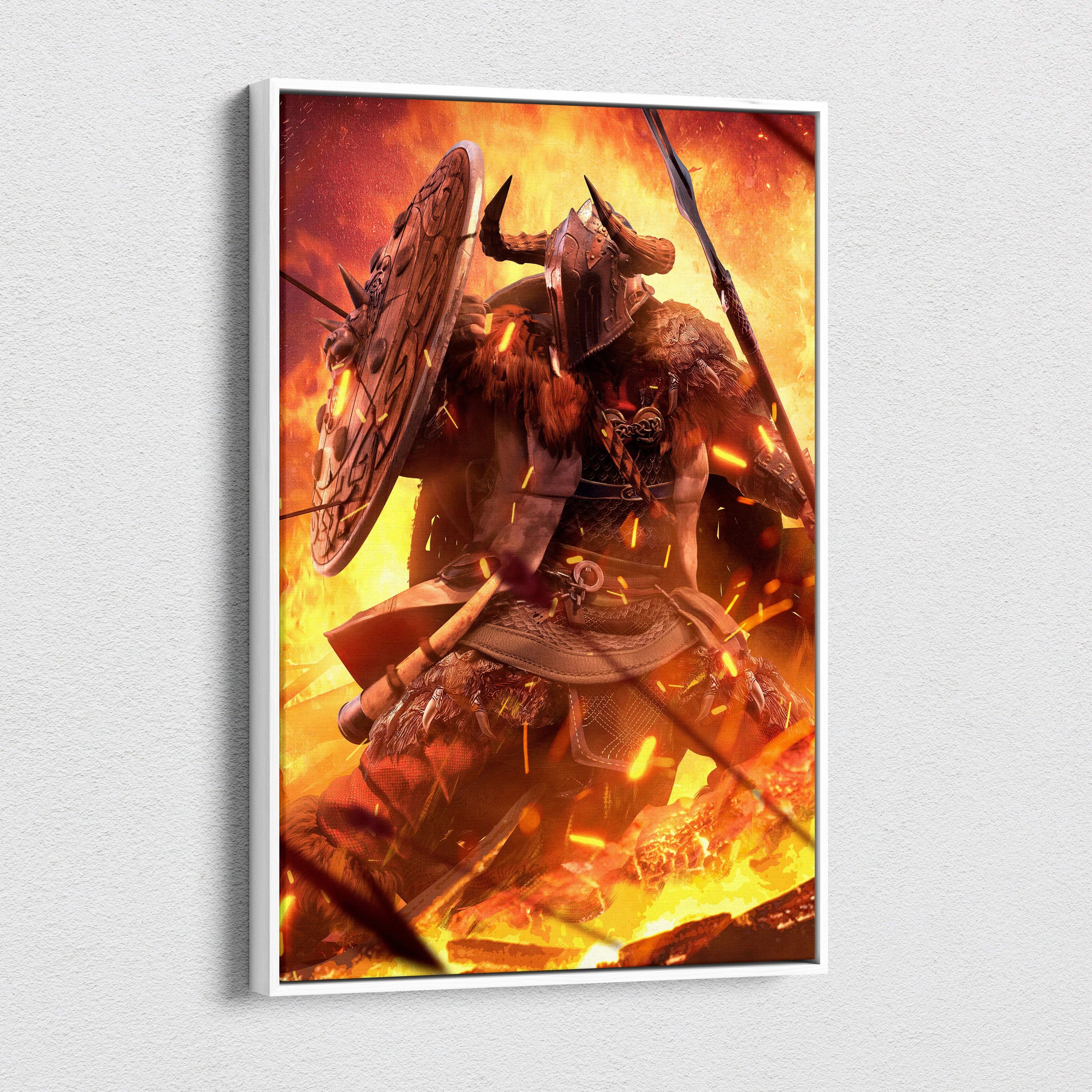 A framed canvas print of a viking berserker warrior in horned helmet standing in fiery flames with axe and shield