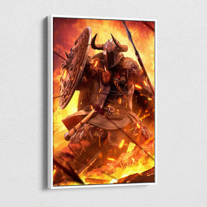 A framed canvas print of a viking berserker warrior in horned helmet standing in fiery flames with axe and shield
