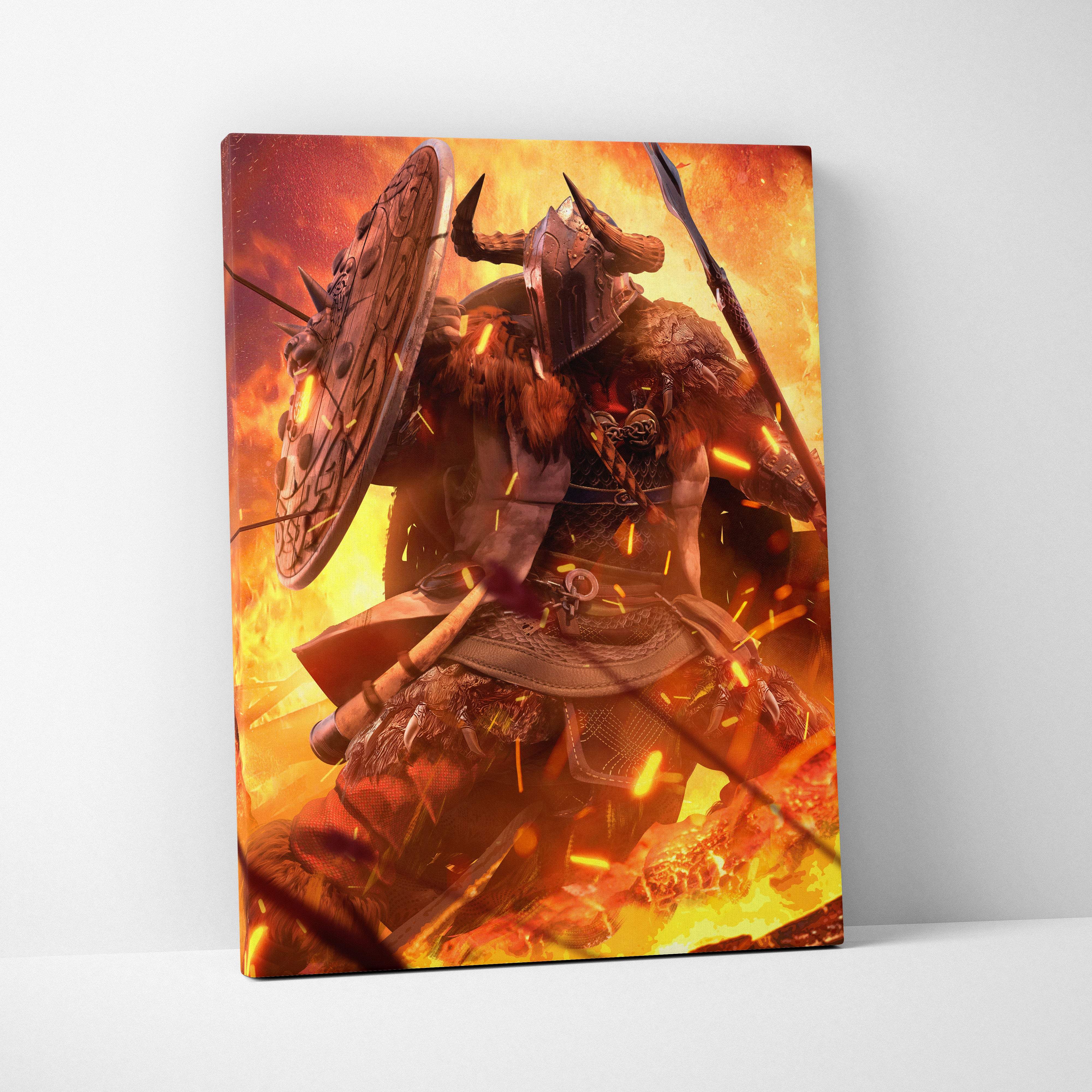Vibrant canvas print of a horned viking berserker warrior in fiery armor holding shield and spear against flames
