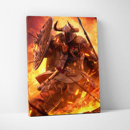 Vibrant canvas print of a horned viking berserker warrior in fiery armor holding shield and spear against flames