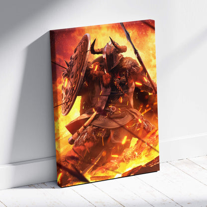 Vibrant orange and red viking berserker warrior canvas wall art featuring fiery battle attire with axe and shield
