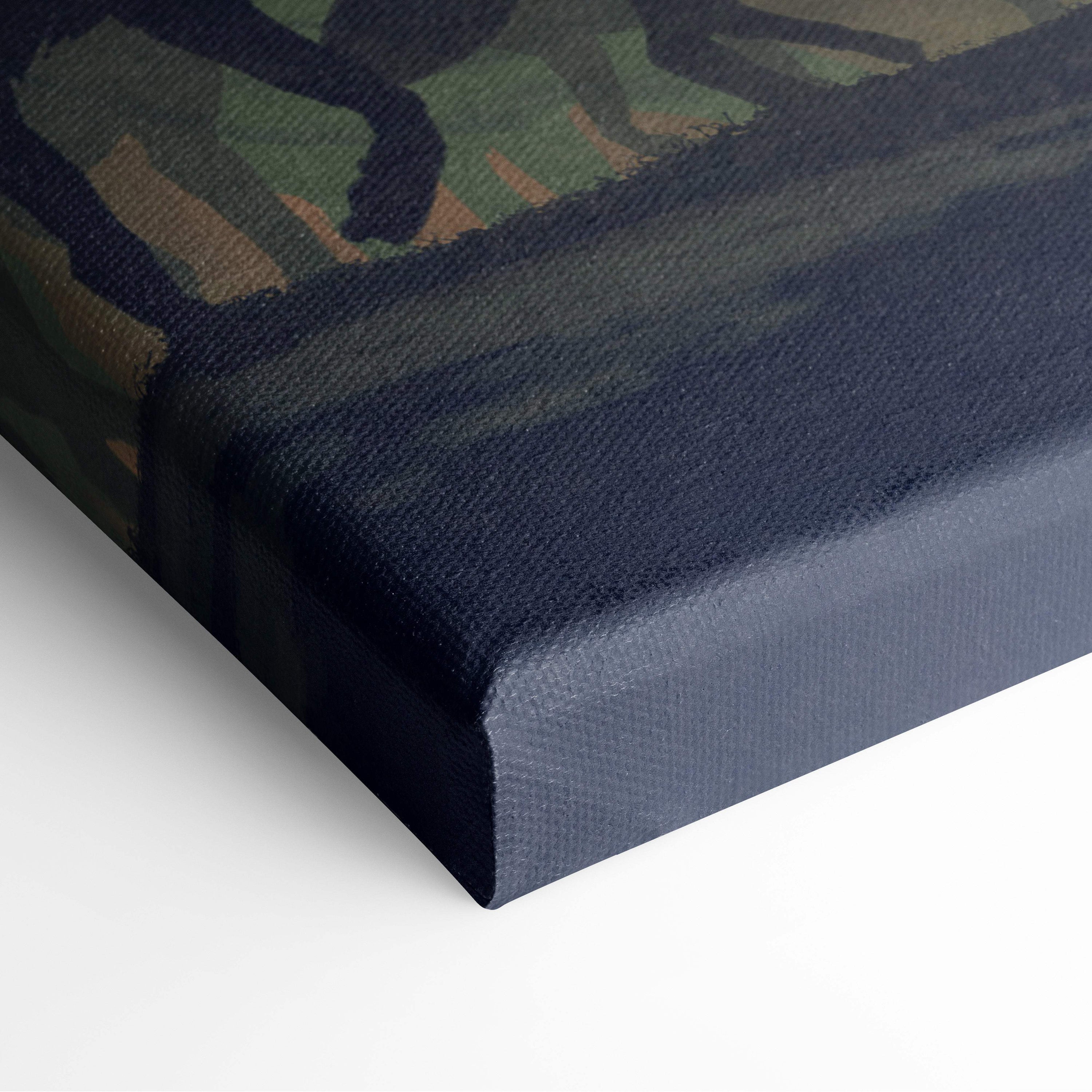 Canvas print with camouflage pattern in green brown and black on dark navy blue for dark wolf spirit artwork