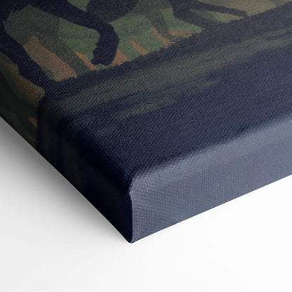 Canvas print with camouflage pattern in green brown and black on dark navy blue for dark wolf spirit artwork