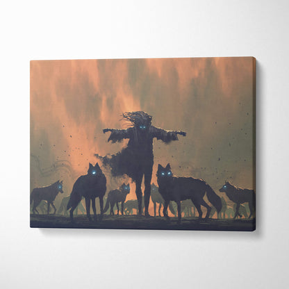 Dark wolf spirit canvas art with silhouetted figure and glowing blue eyes surrounded by wolves against orange sky