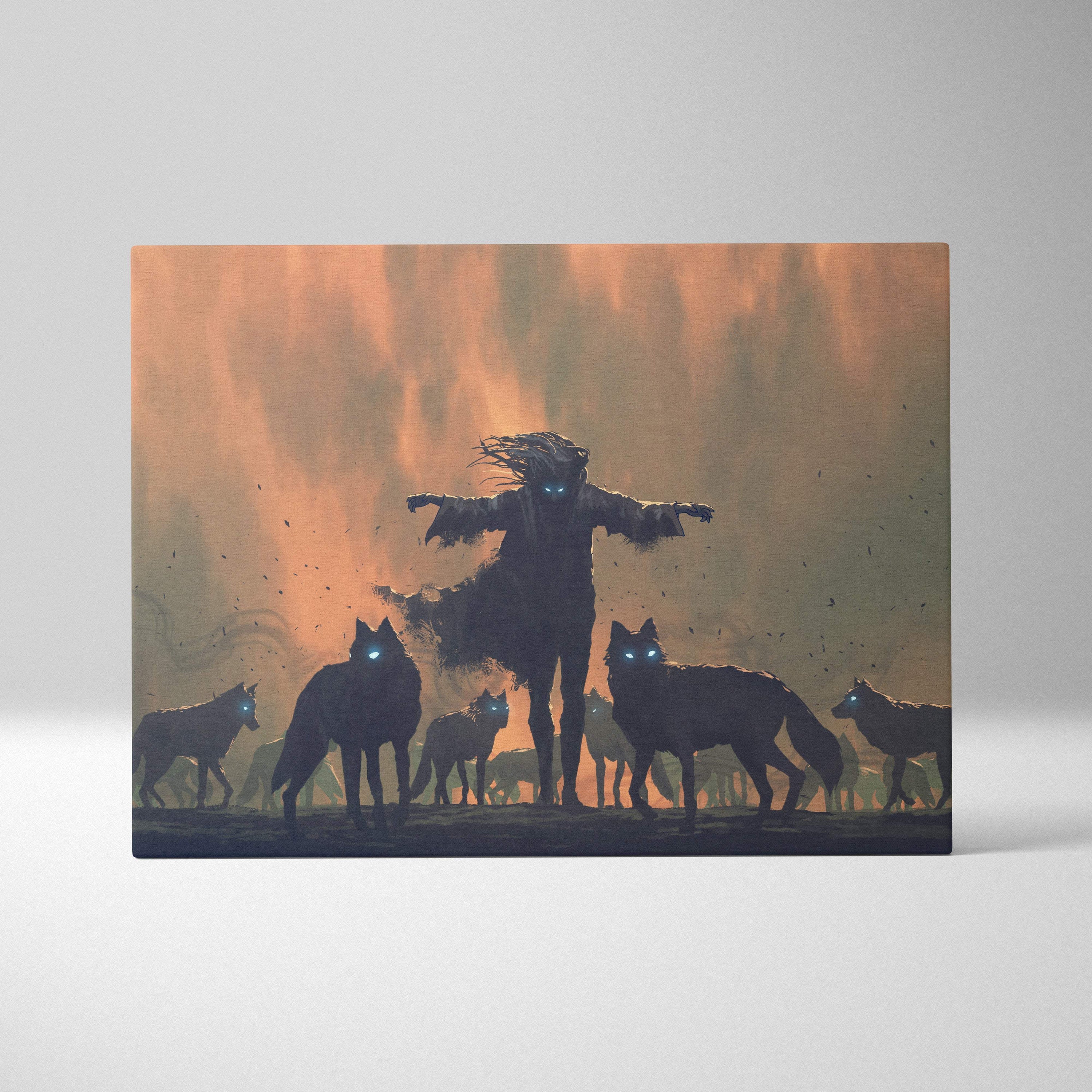 Dark wolf spirit canvas art with a silhouette figure and glowing blue eyes surrounded by wolves against an orange sky