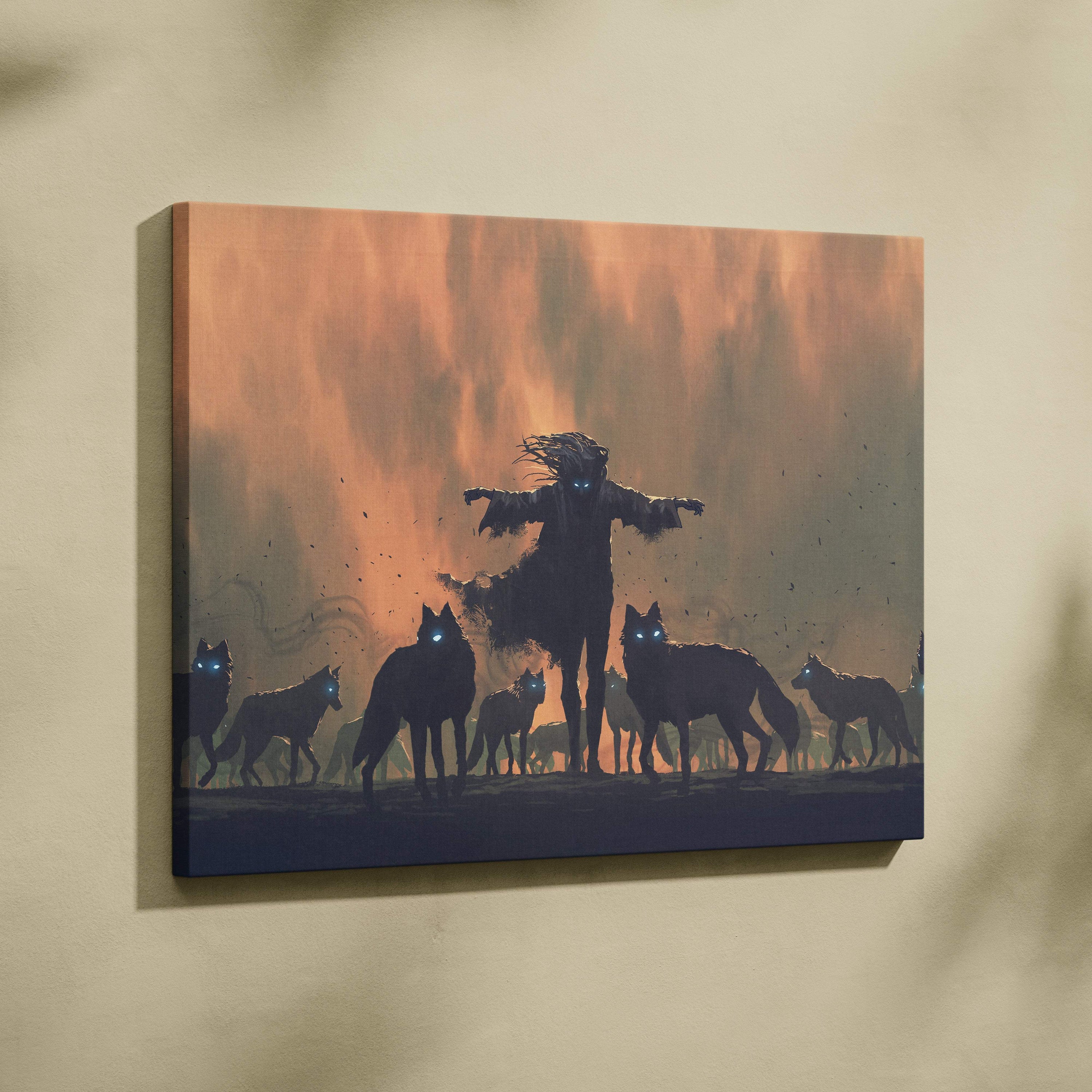Dark wolf spirit canvas art featuring a rectangular print of a silhouette with glowing blue eyes and wolves at sunset