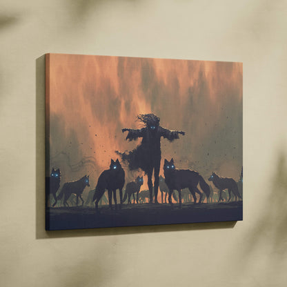 Dark wolf spirit canvas art featuring a rectangular print of a silhouette with glowing blue eyes and wolves at sunset
