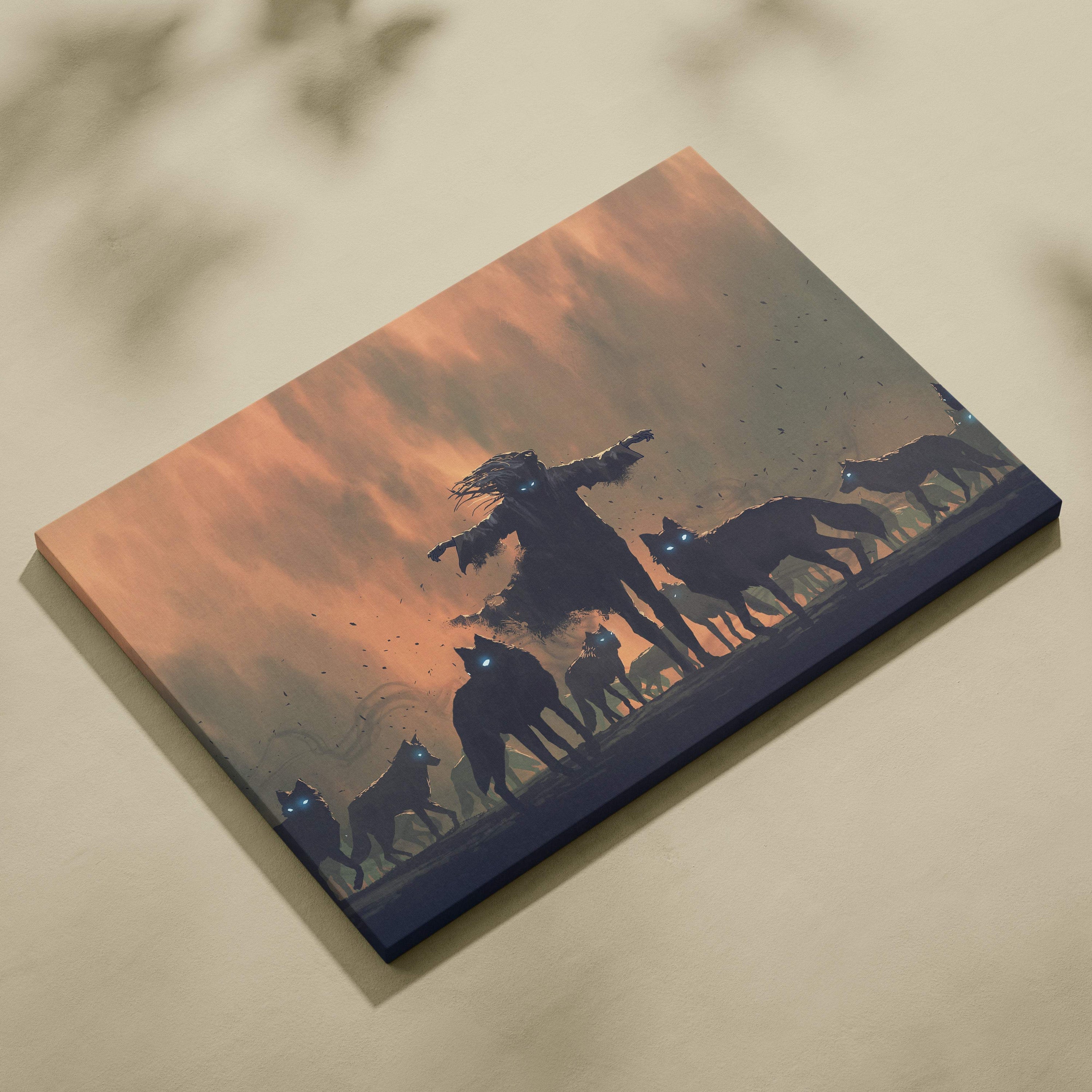 Dark wolf spirit canvas art featuring a silhouette with glowing blue eyes and wolves under an orange sky digital print