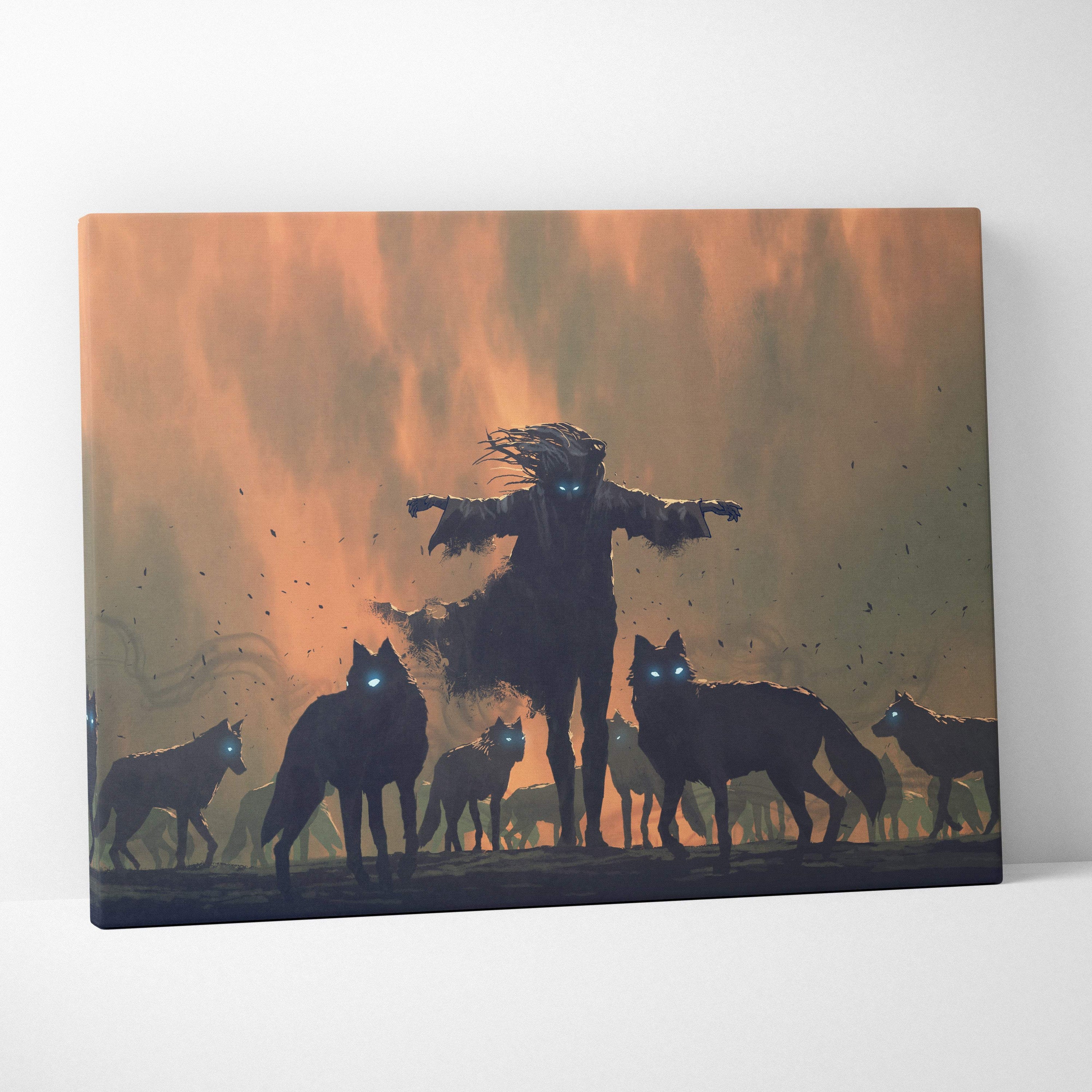 Dark wolf spirit canvas art of silhouette figure with outstretched arms surrounded by wolves against orange sky