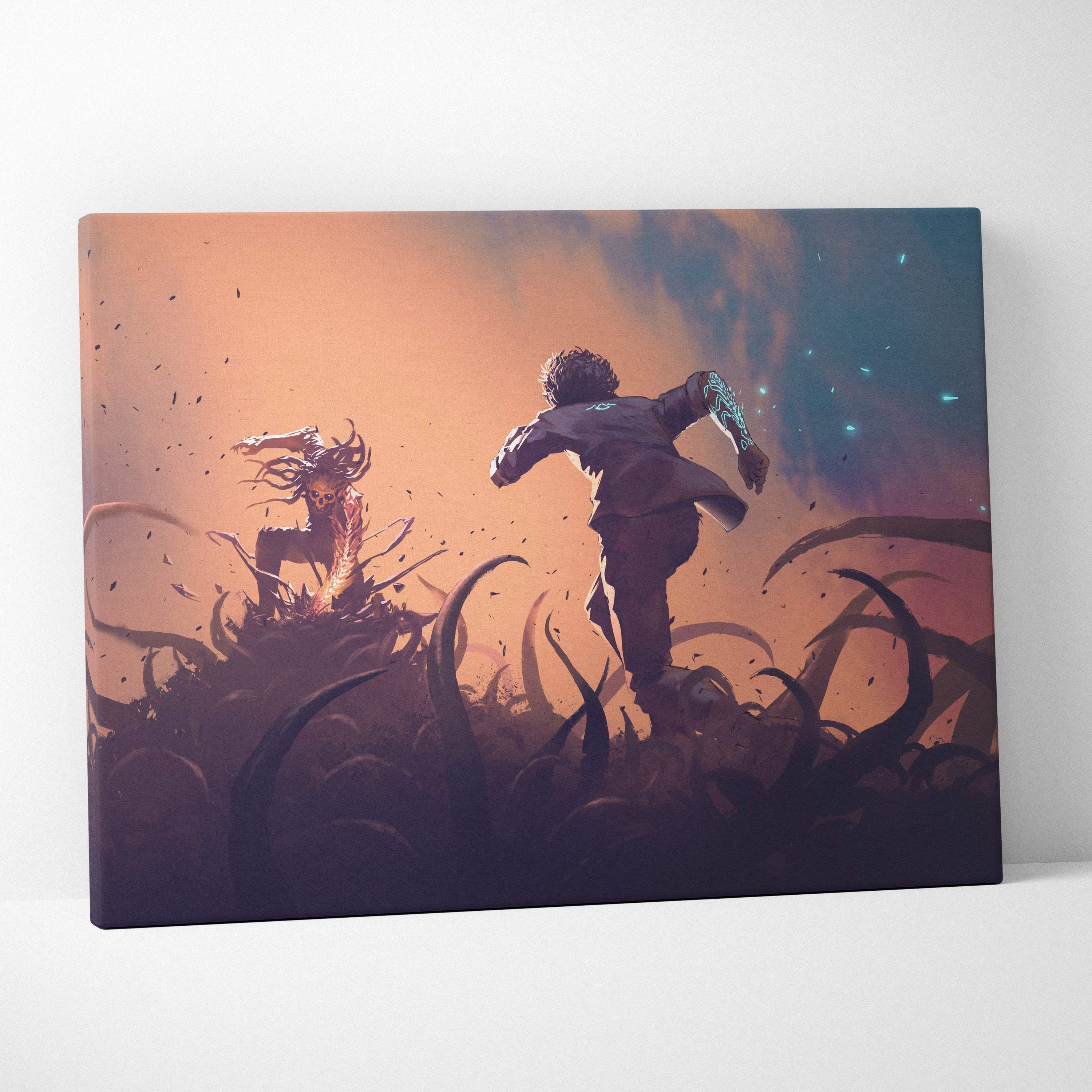 Canvas print showing a dark fantasy escape scene with a shadow creature chasing a dark-clothed runner at sunset