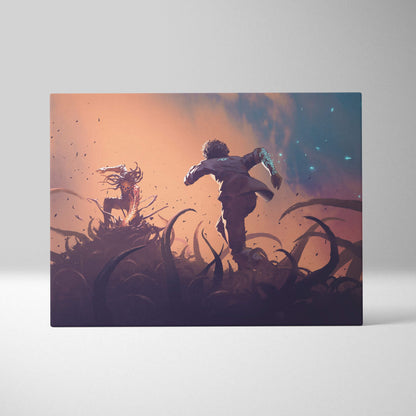 Dark fantasy escape canvas art featuring a dark figure fleeing horned monsters against an orange and blue sunset sky