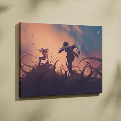 Dark fantasy escape canvas art of a figure fleeing monstrous tentacles in an orange and purple moody sunset sky