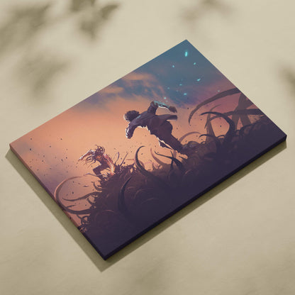 Dark fantasy escape canvas art featuring a rectangular anime-style print of a mid-air fight against shadow creatures