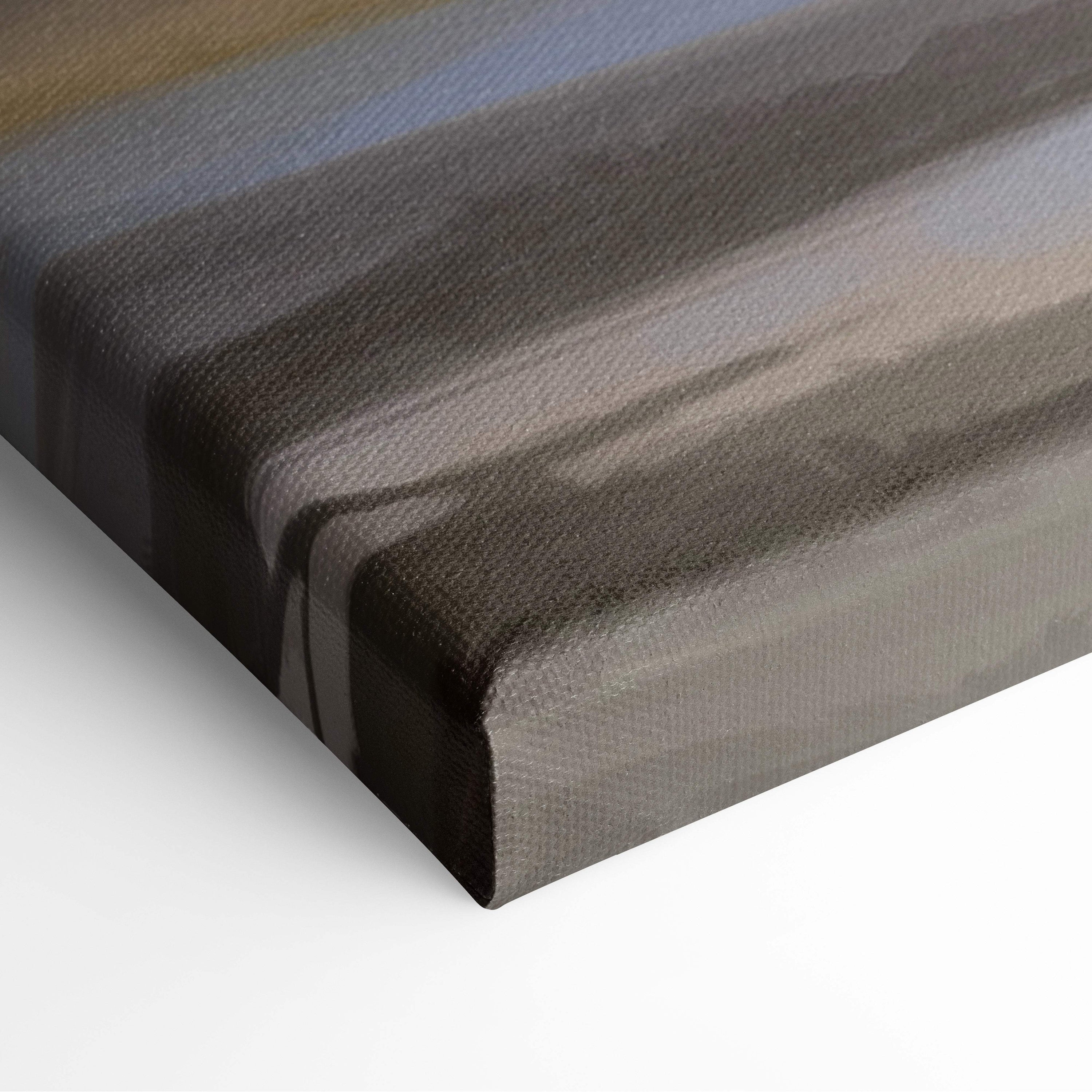A stretched canvas print of soft pastel countryside landscape with abstract muted gray blue and brown stripes textured fabric surface