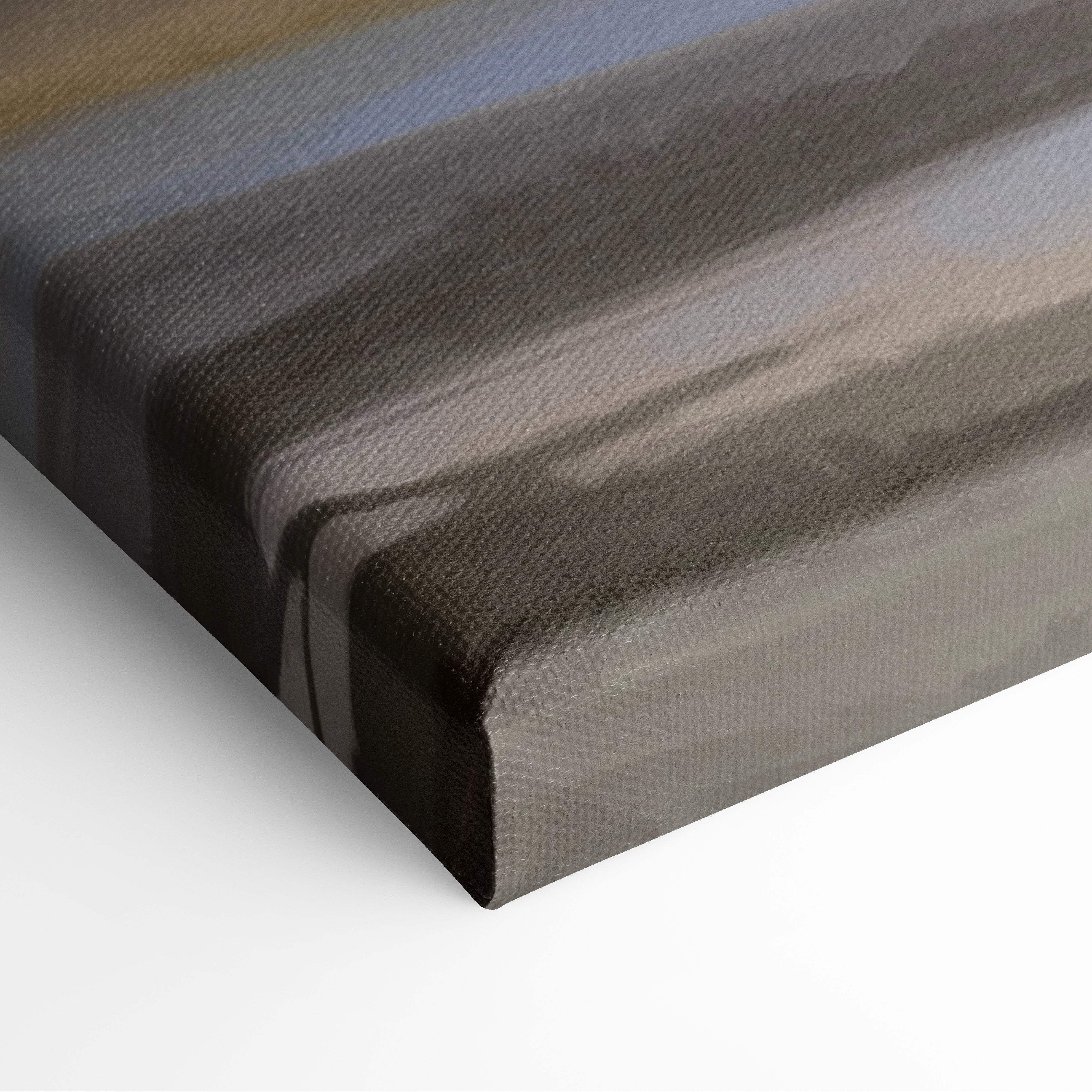 A stretched canvas print of soft pastel countryside landscape with abstract muted gray blue and brown stripes textured fabric surface
