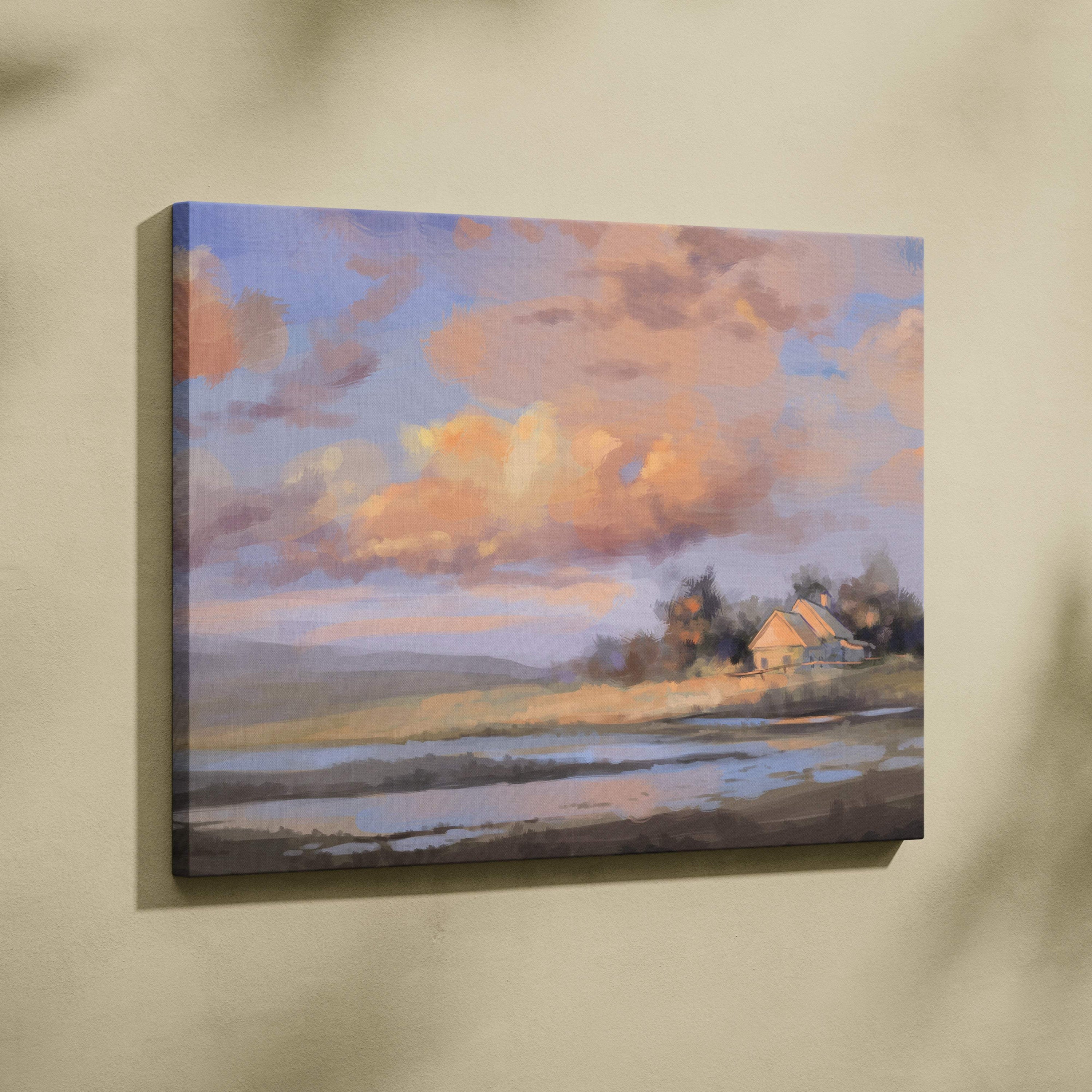Soft pastel countryside landscape painting canvas print with warm orange and lavender clouds over a river and house