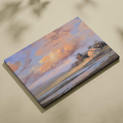 Soft pastel countryside landscape painting on rectangular canvas depicting a serene sunset over water with orange pink and lavender hues