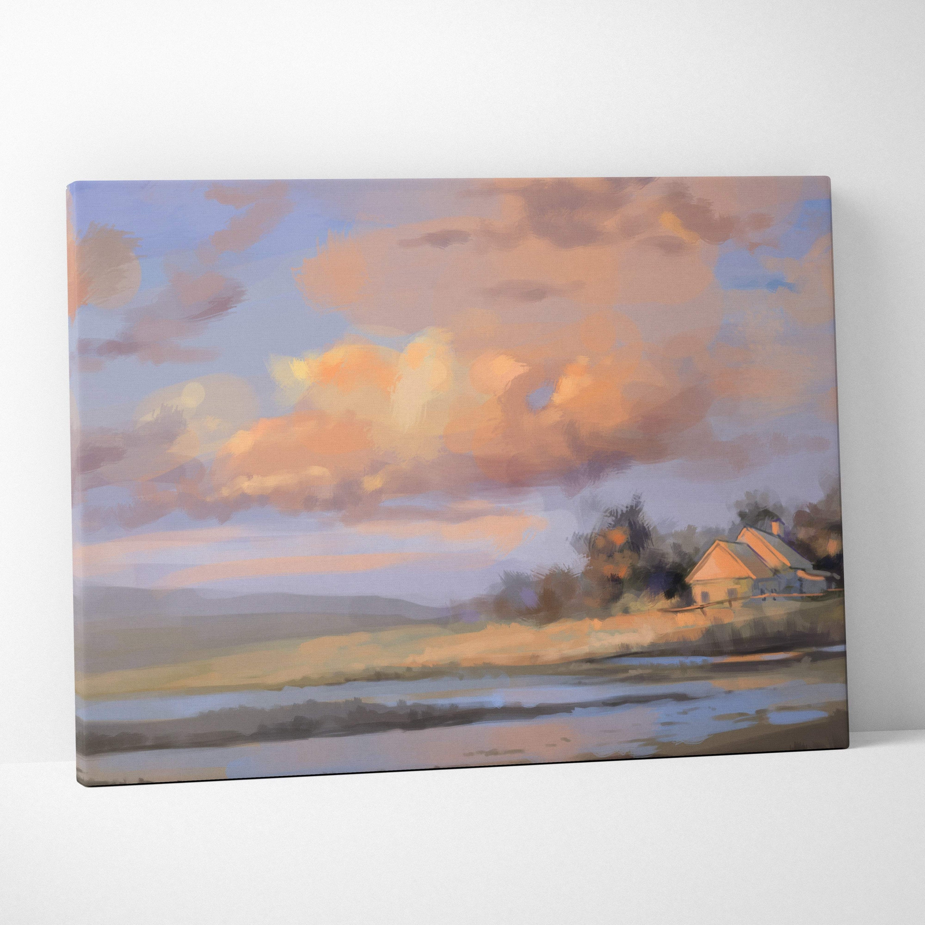 A rectangular canvas print of a soft pastel countryside landscape with a yellow roof house by water at sunset