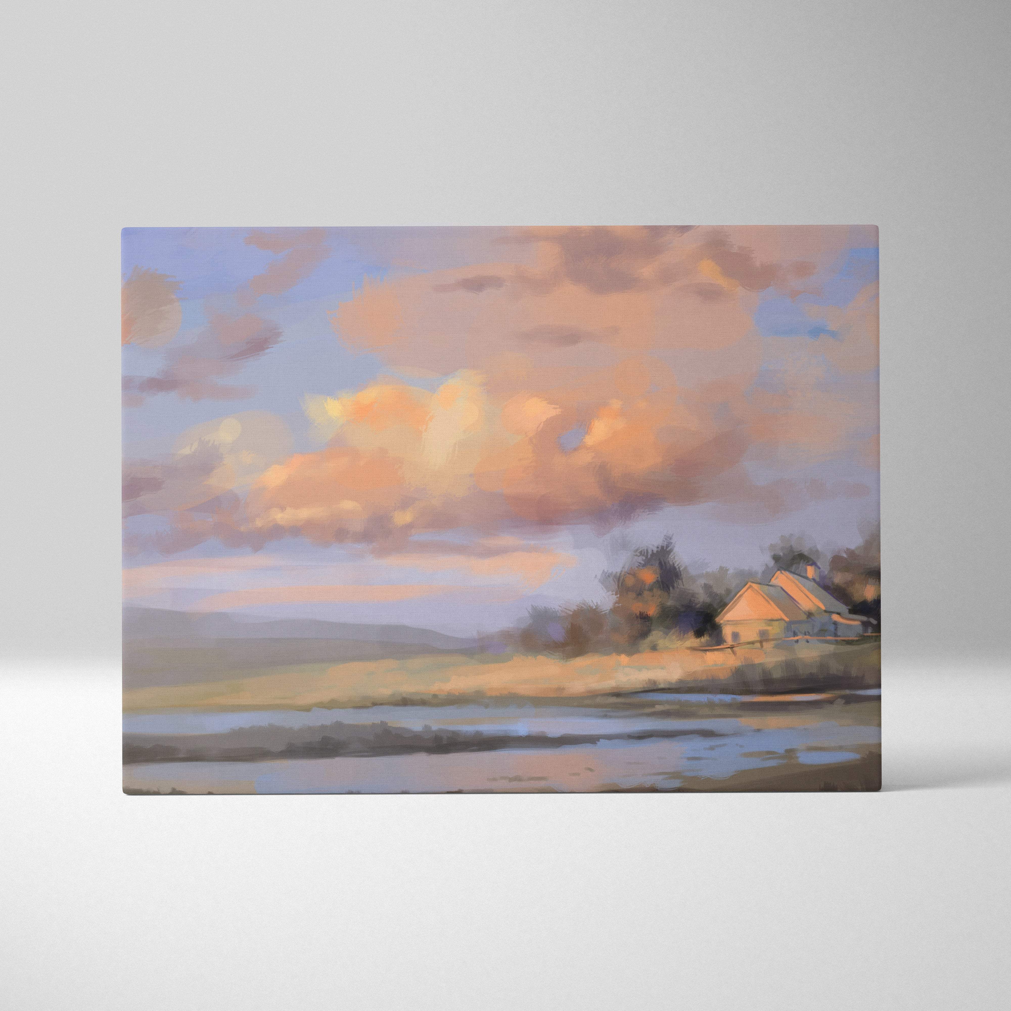 Rectangular canvas print of a soft pastel countryside landscape with orange and pink clouds over a rural home by water at sunset