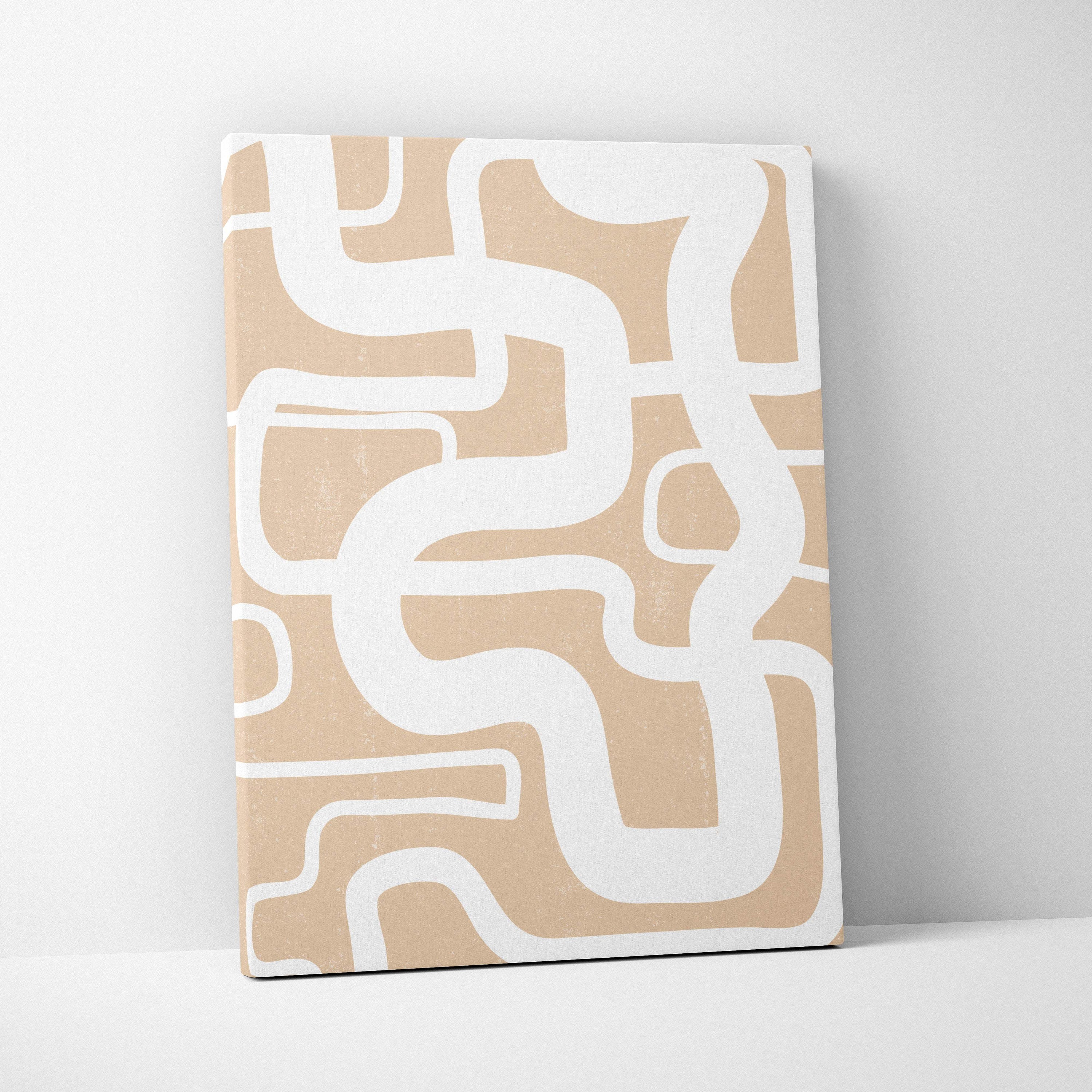 Beige canvas wall art with bold white abstract geometric lines in boho minimalist scandinavian contemporary decor style