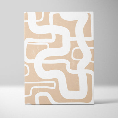 Beige canvas art with white abstract wavy line pattern featuring minimalist organic shapes for boho decor