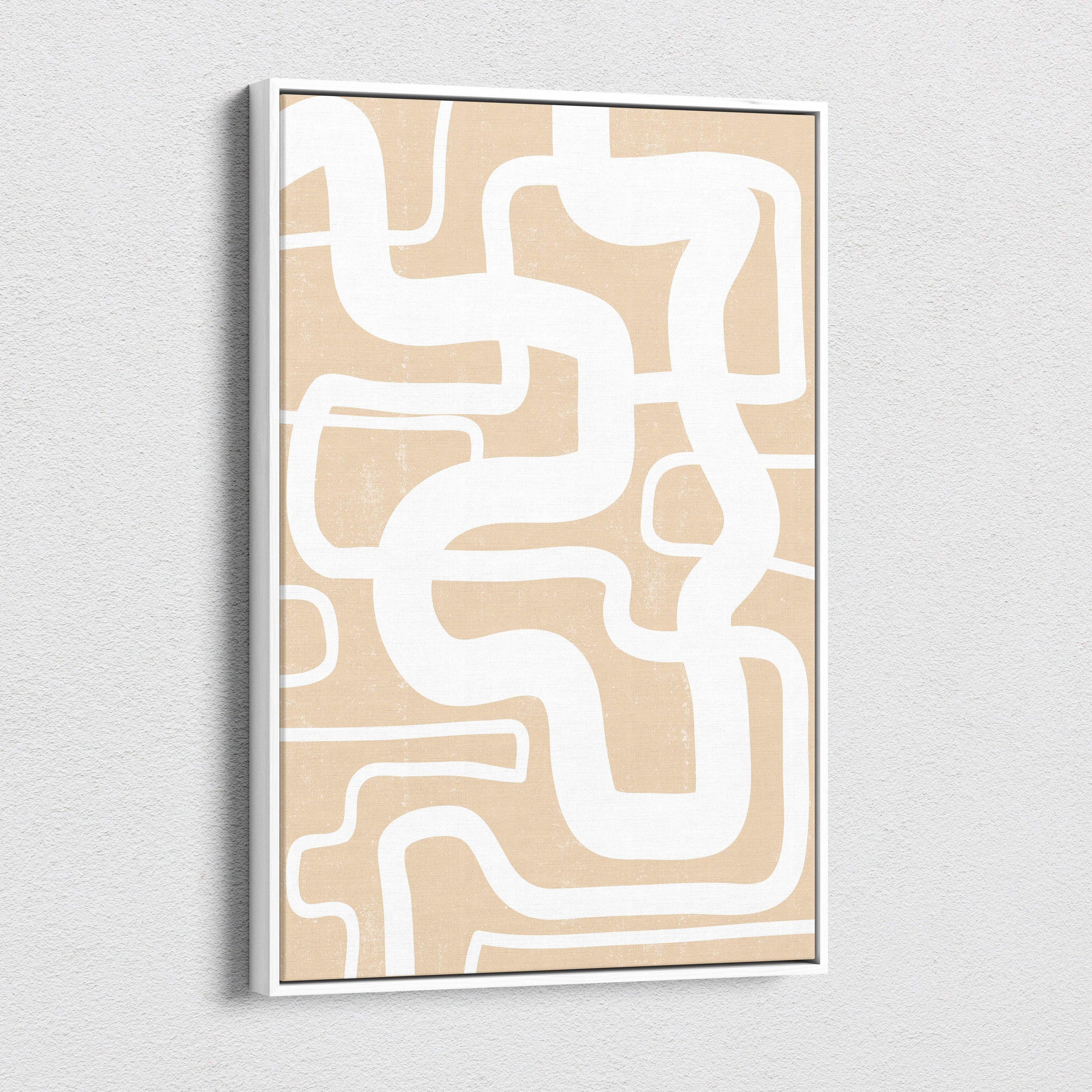 Boho abstract line canvas art with flowing white lines on beige background framed in sleek white for modern decor