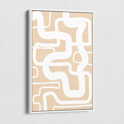 Boho abstract line canvas art with flowing white lines on beige background framed in sleek white for modern decor
