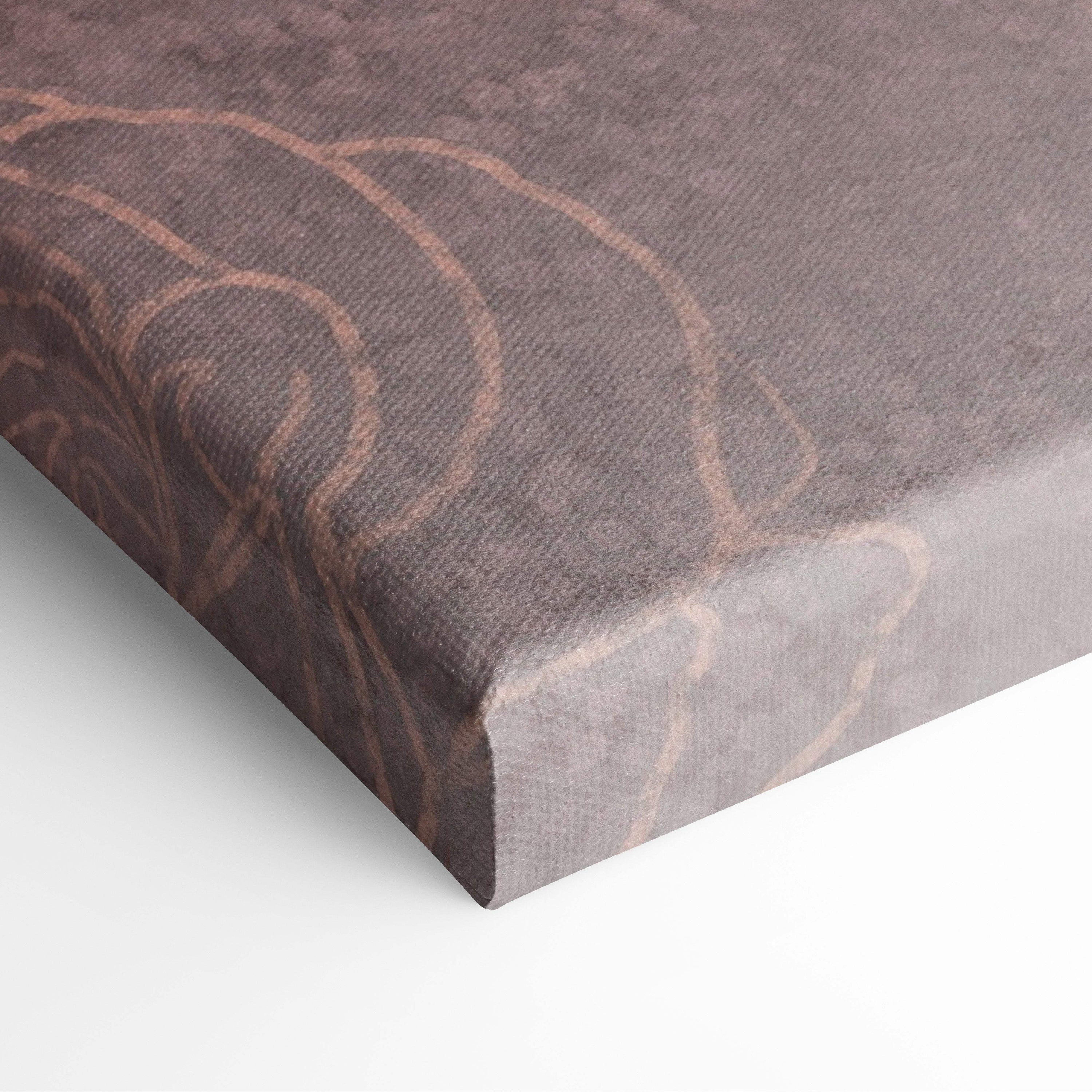 Brown canvas print with subtle swirling gold patterns contemporary rose woman floral botanical wall art for bedroom decor