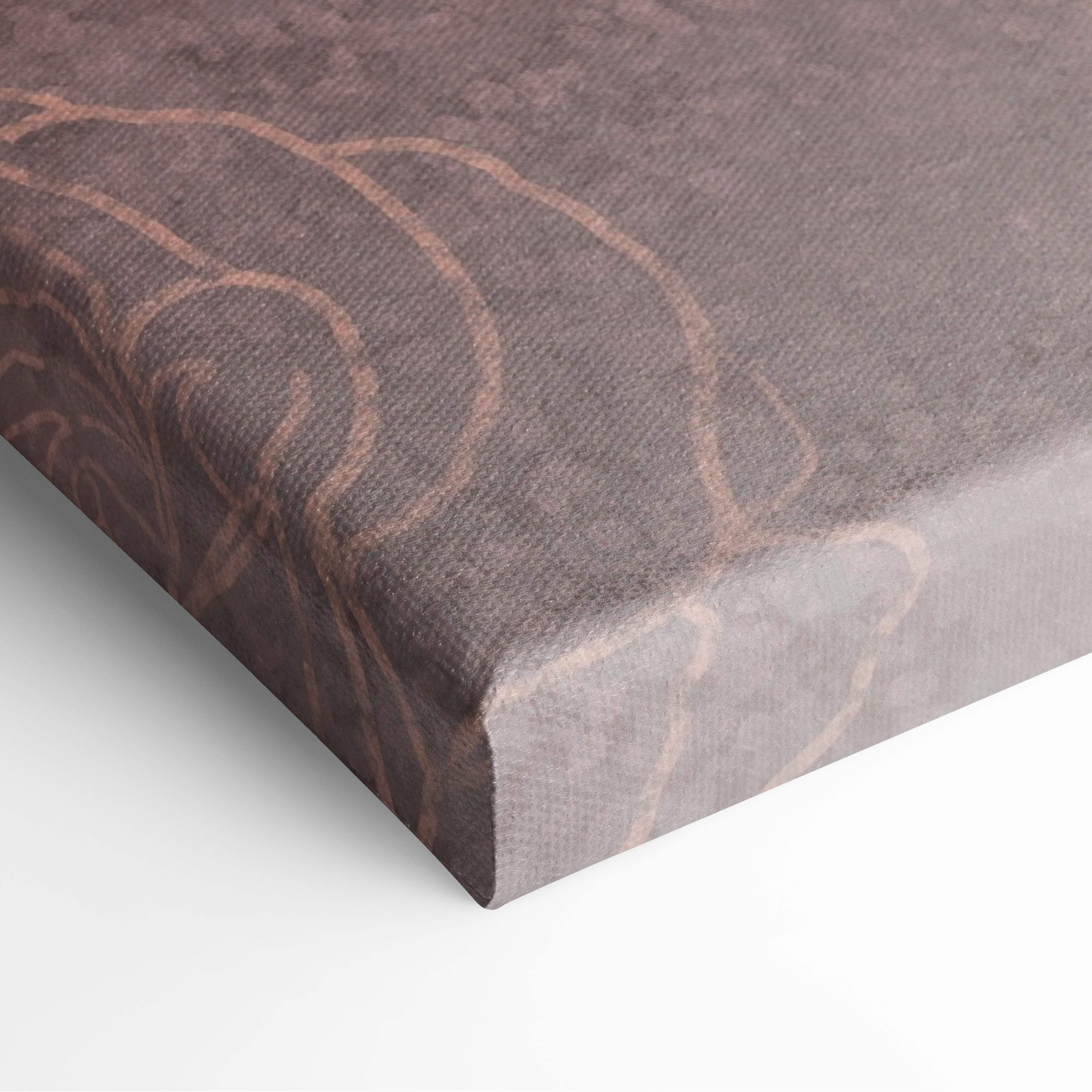 Brown canvas print with subtle swirling gold patterns contemporary rose woman floral botanical wall art for bedroom decor