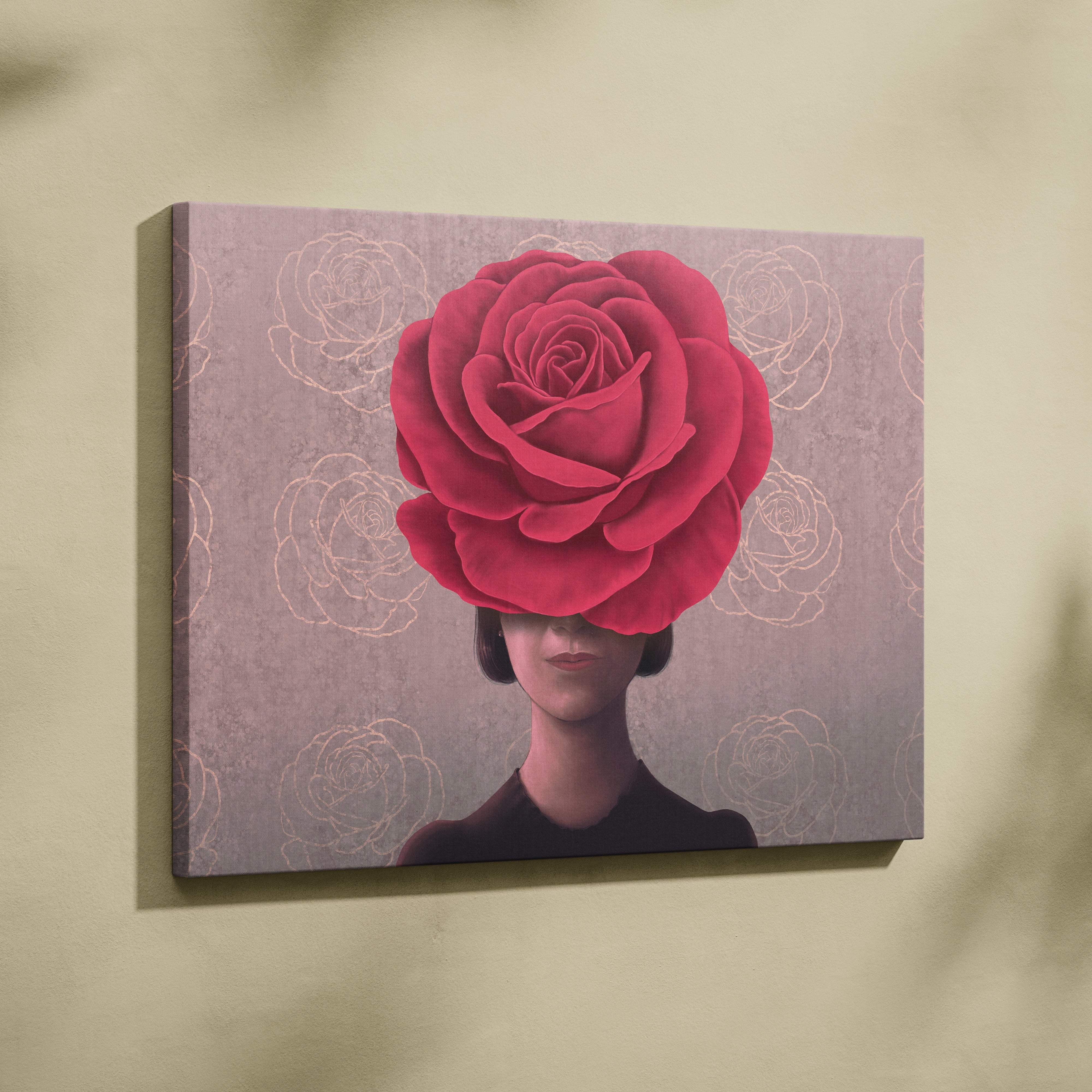 Contemporary rose woman canvas wall art featuring a vibrant red floral portrait on a muted lavender background