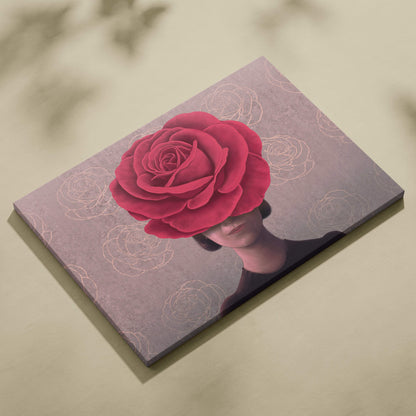 Contemporary rose woman canvas wall art featuring a vibrant red floral portrait with white outlines on gray background