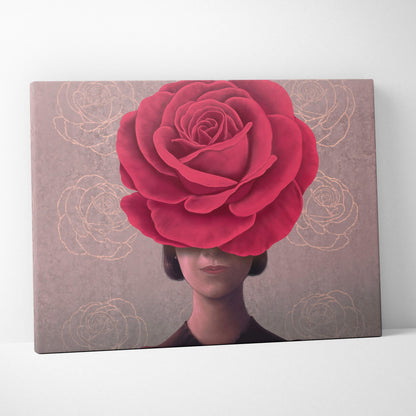 Contemporary rose woman canvas wall art featuring a vibrant red floral portrait on taupe with subtle botanical outlines