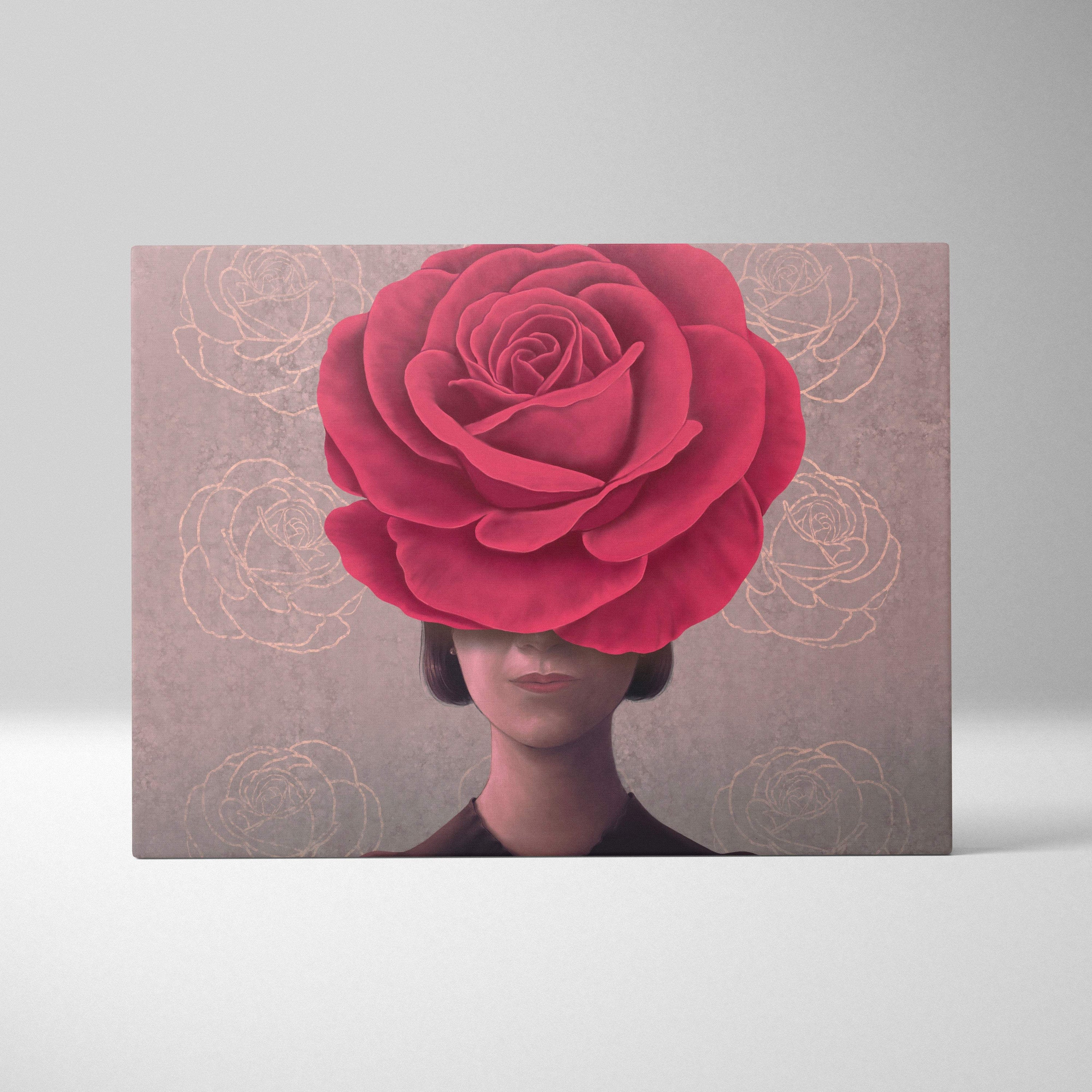 Contemporary rose woman canvas wall art features a vibrant crimson rose covering a woman’s face in red floral print
