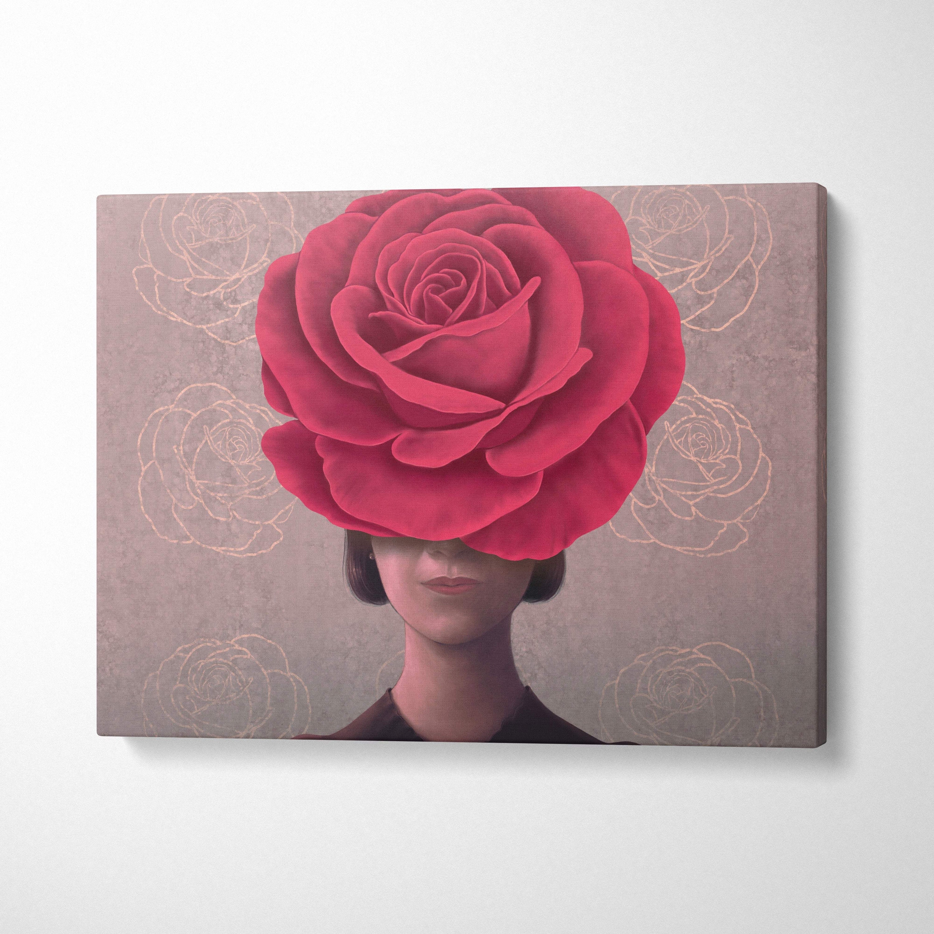 A contemporary rose woman canvas wall art featuring a vibrant crimson rose in a painterly style for modern decor