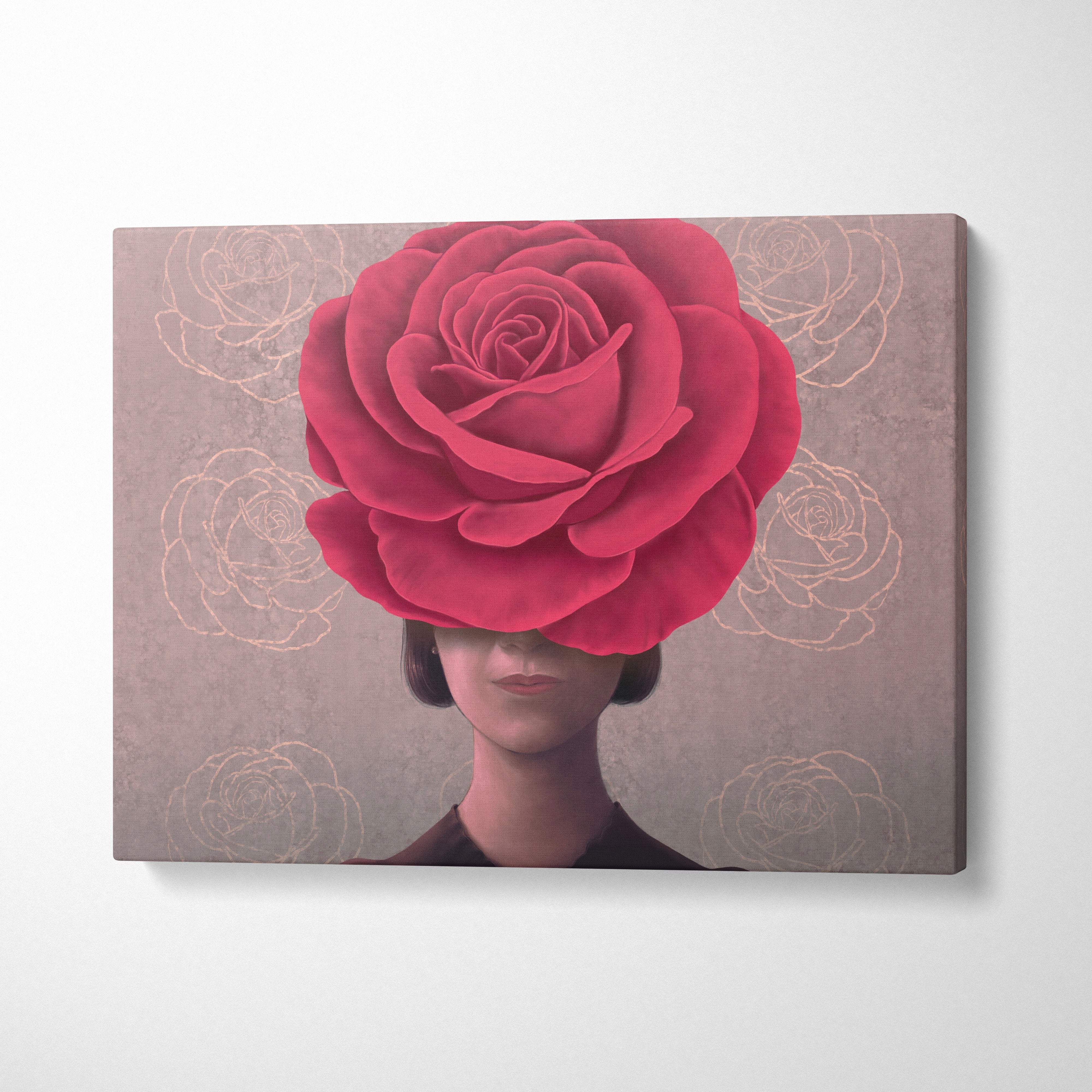 A contemporary rose woman canvas wall art featuring a vibrant crimson rose in a painterly style for modern decor