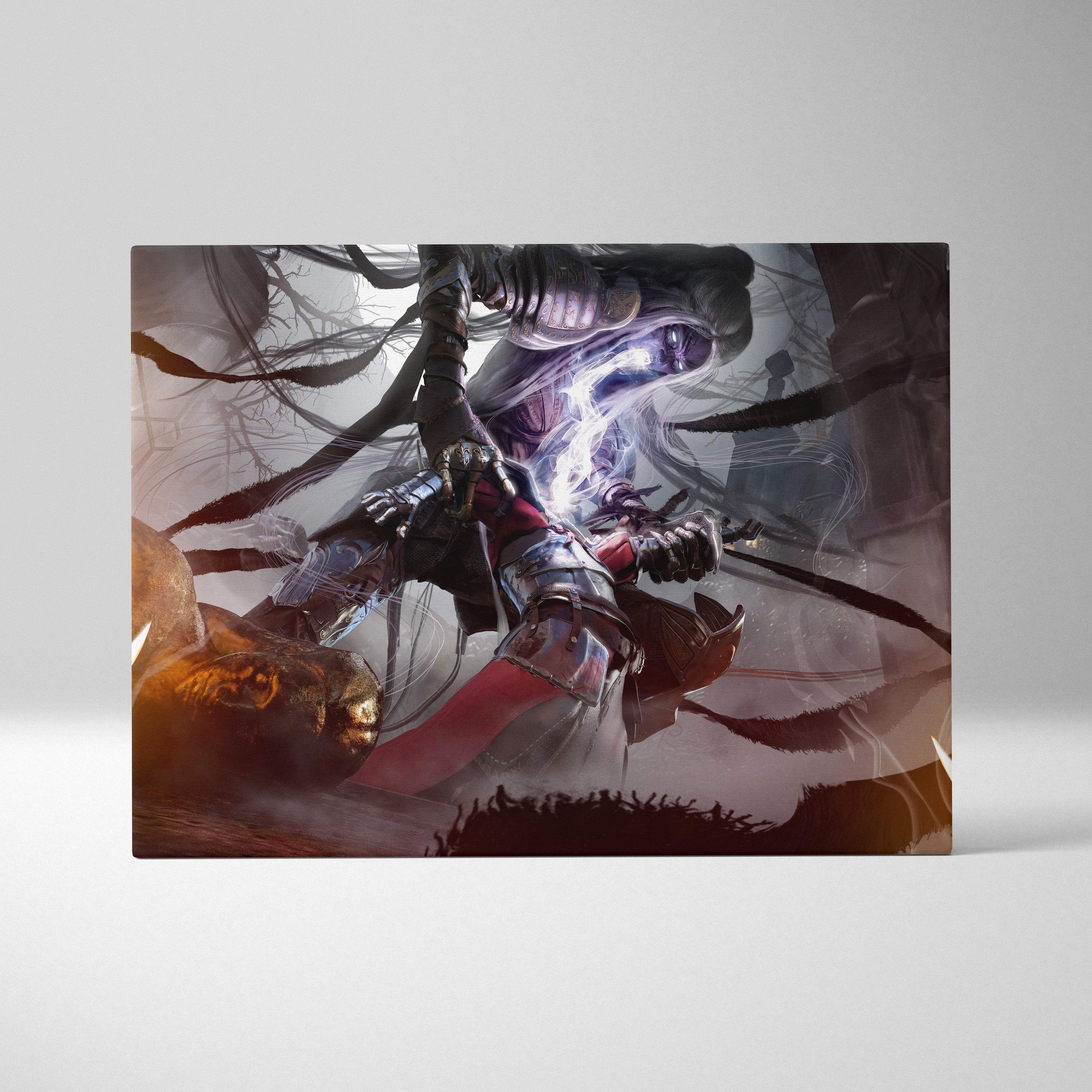 Dark assassin sorceress canvas art featuring a dark armored warrior with glowing blue swords in a gothic fantasy scene