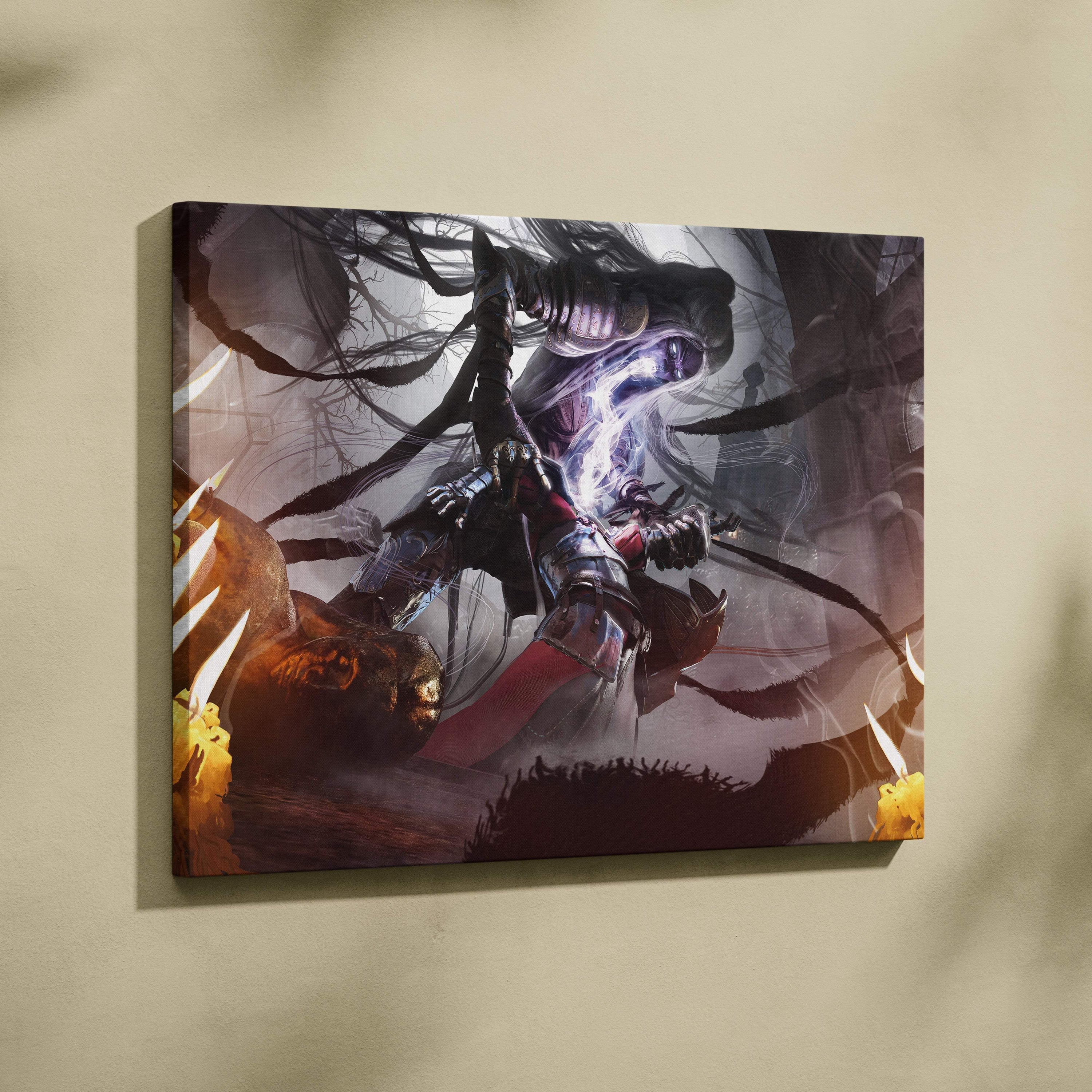 Dark assassin sorceress canvas art featuring black and red fantasy character with intricate armor and glowing magic effects