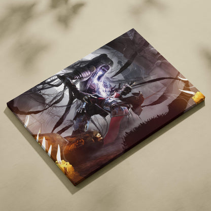 Dark assassin sorceress canvas art featuring a gothic fantasy warrior with glowing eyes and ornate armor in battle
